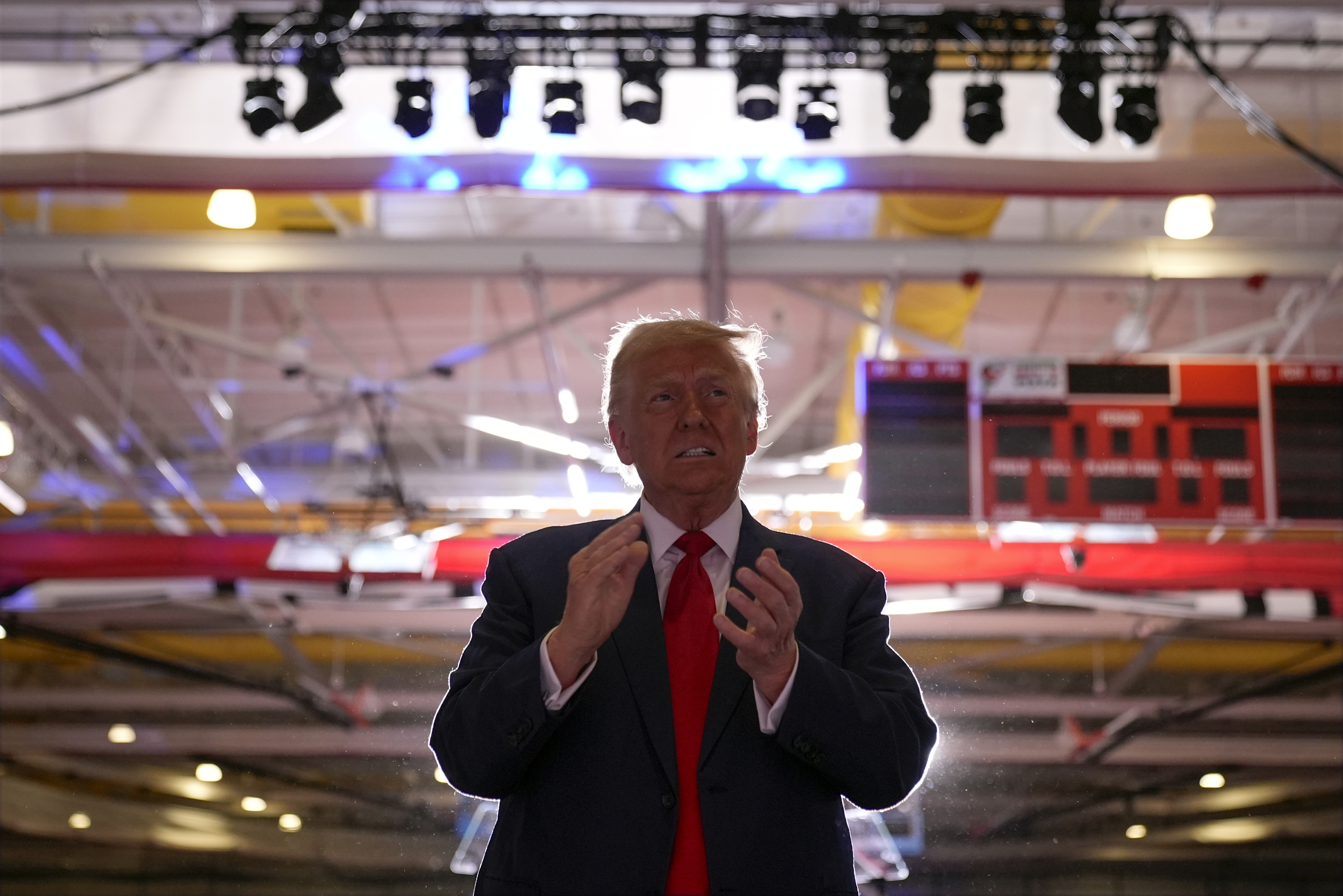 Republican presidential nominee former President Donald Trump arrives at a campaign event at the Ryder Center at Saginaw Valley State University, Thursday, Oct. 3, 2024, in University Center, Mich. (AP Photo/Alex Brandon)