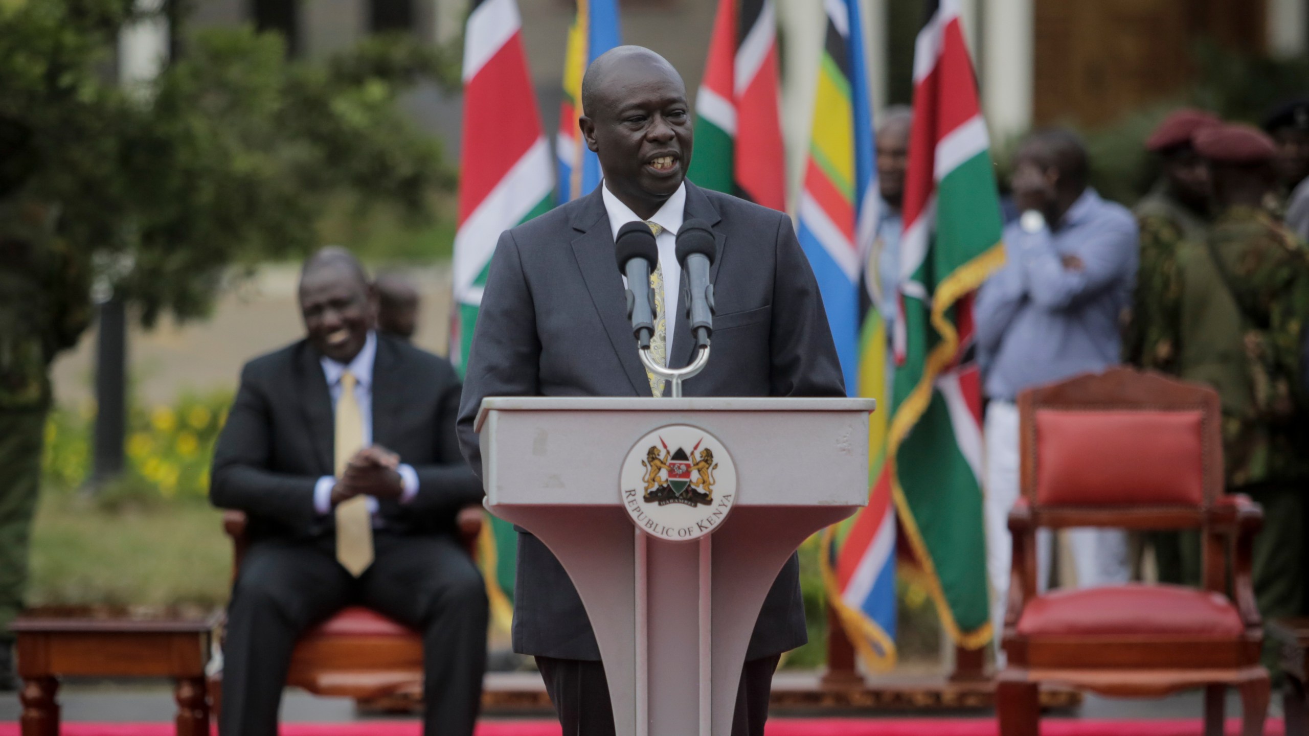 FILE - Kenya's Deputy President-Elect Rigathi Gachagua addresses the media, in Nairobi, Kenya Monday, Sept. 5, 2022. (AP Photo/Brian Inganga, File)