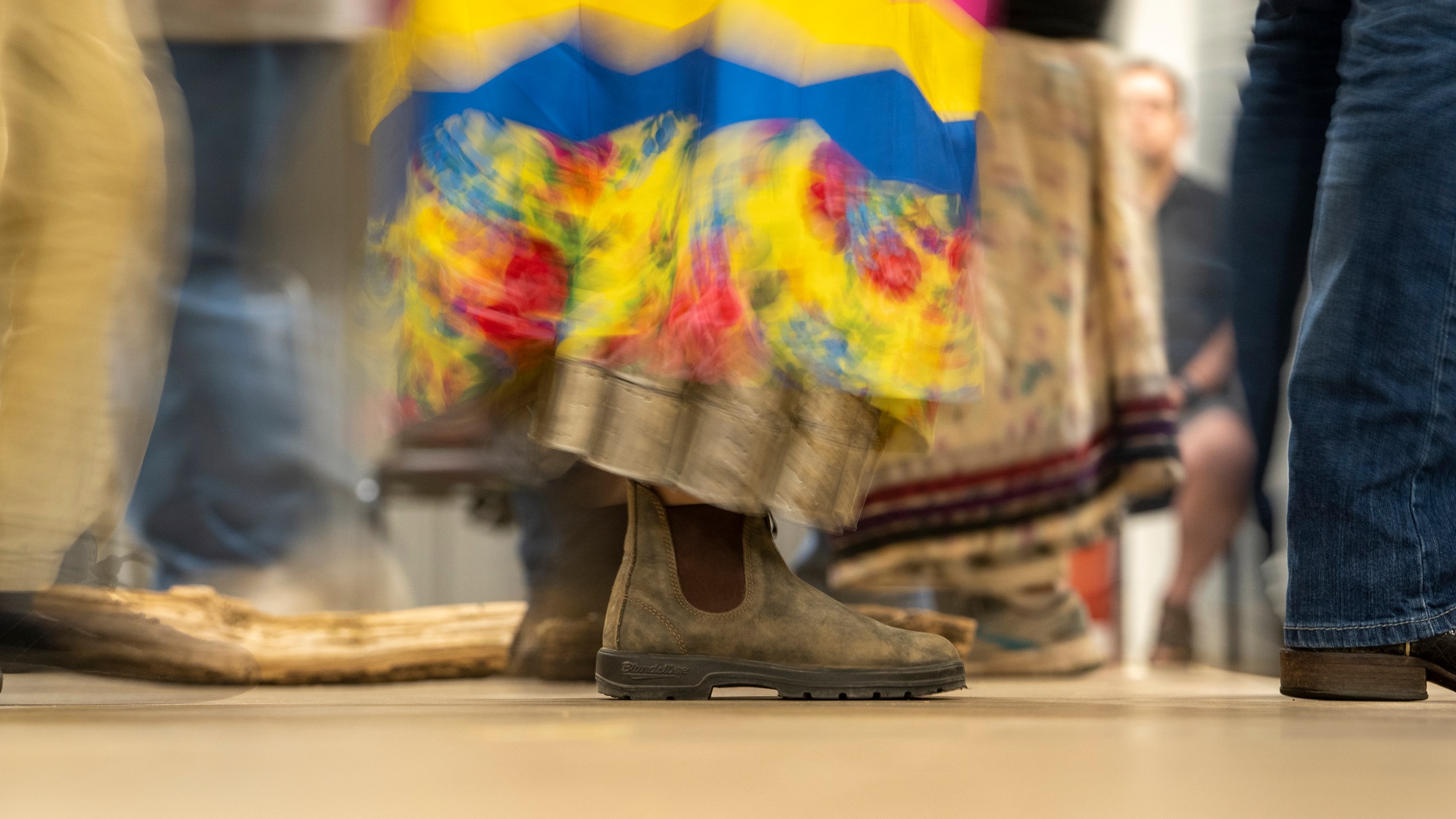 Shawnee Tribe members participate in a stomp dance on Friday, September 20, 2024 in Miami, Okla.. (AP Photo/Nick Oxford)