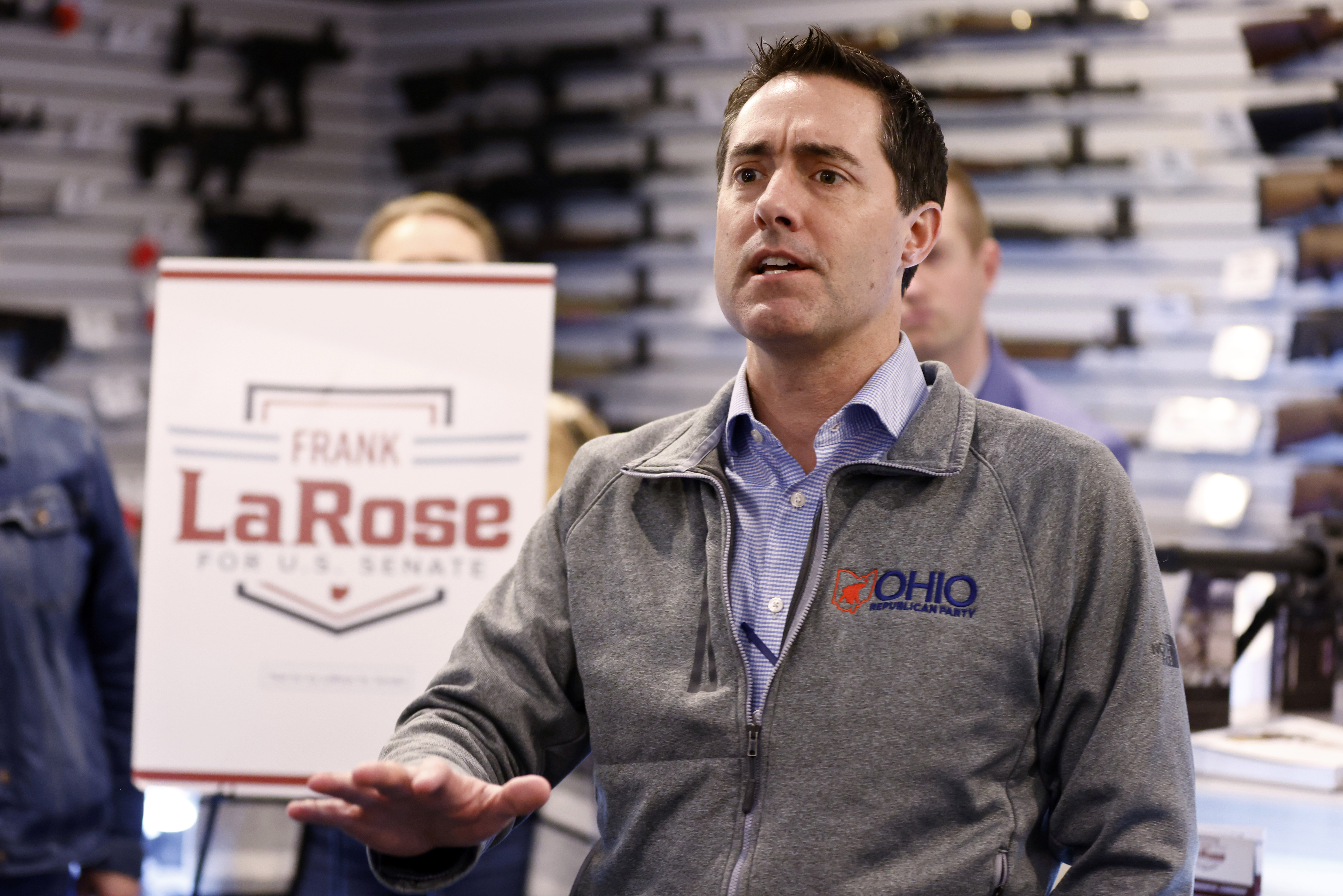 FILE - Ohio Secretary of State and Republican candidate for U.S. Senate Frank LaRose speaks to supporters during a campaign event in Hamilton, Ohio, March 18, 2024. (AP Photo/Paul Vernon, File)