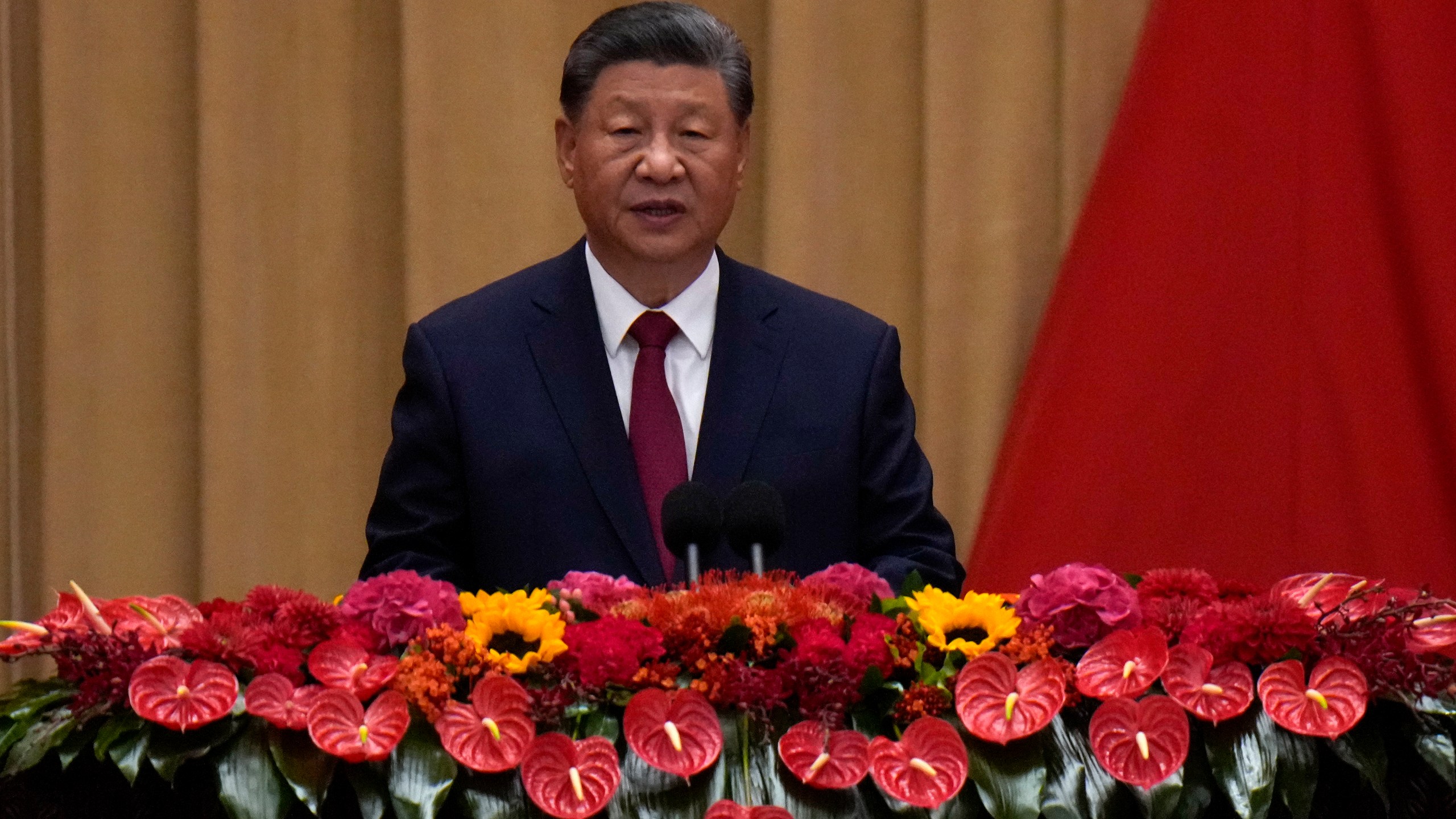 Chinese President Xi Jinping delivers his speech at a dinner marking the 75th anniversary of the founding of the People's Republic of China, at the Great Hall of the People in Beijing, Monday, Sept. 30, 2024. (AP Photo/Andy Wong)