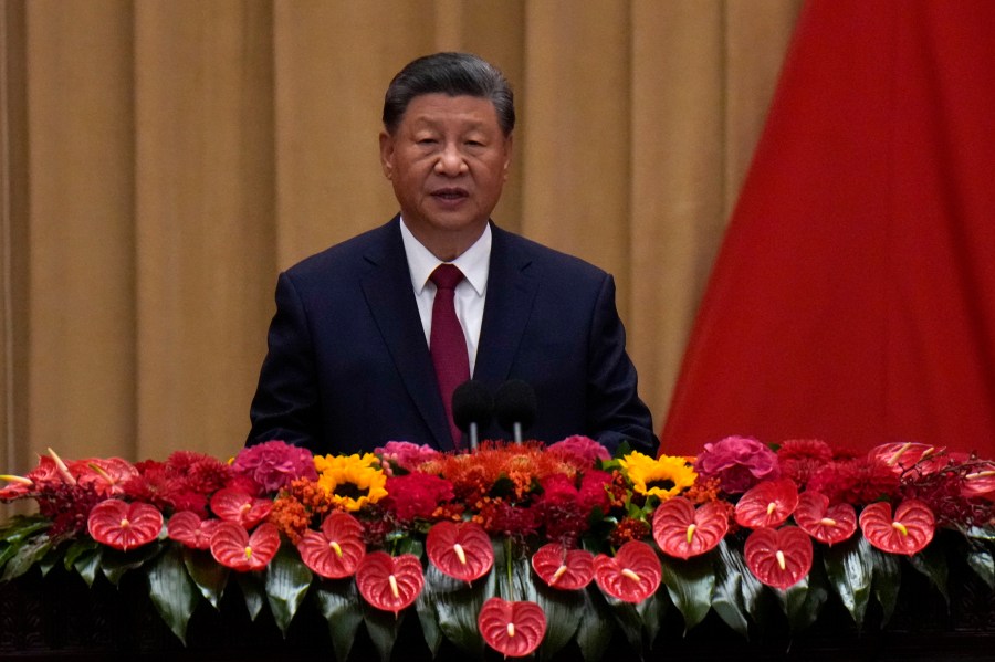 Chinese President Xi Jinping delivers his speech at a dinner marking the 75th anniversary of the founding of the People's Republic of China, at the Great Hall of the People in Beijing, Monday, Sept. 30, 2024. (AP Photo/Andy Wong)