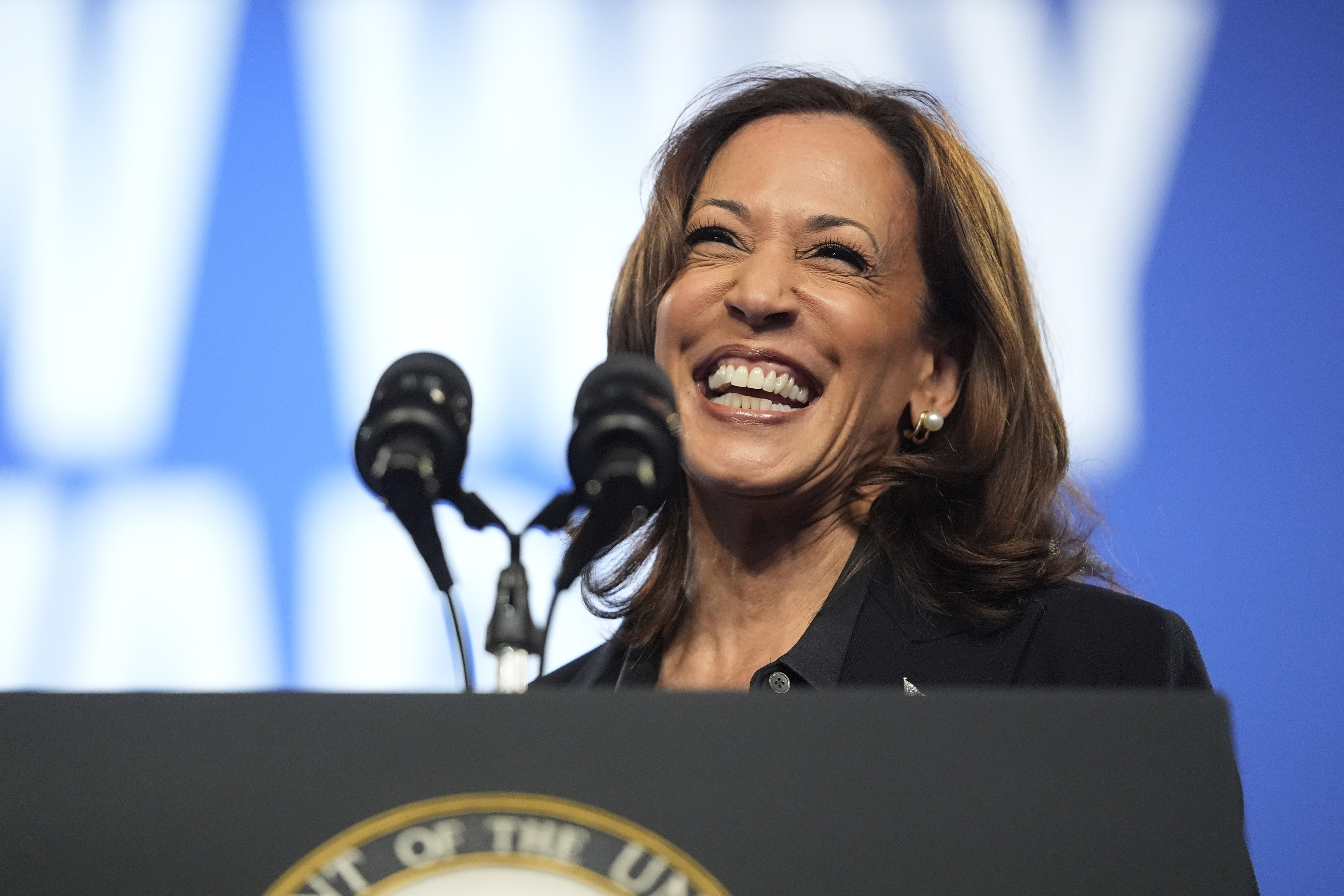 Democratic presidential nominee Vice President Kamala Harris speaks during a rally at the Dort Financial Center in Flint, Mich., Friday, Oct. 4, 2024. (AP Photo/Mark Schiefelbein)