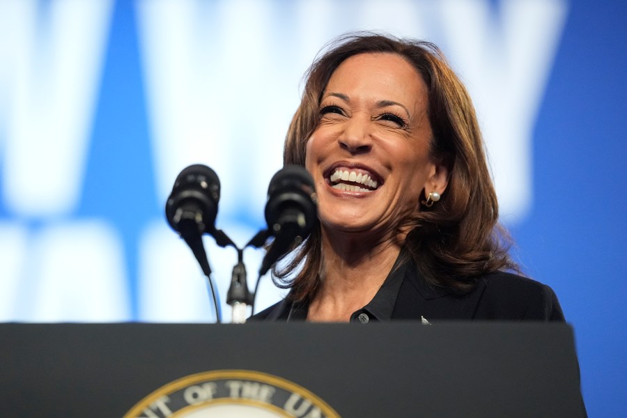 Democratic presidential nominee Vice President Kamala Harris speaks during a rally at the Dort Financial Center in Flint, Mich., Friday, Oct. 4, 2024. (AP Photo/Mark Schiefelbein)