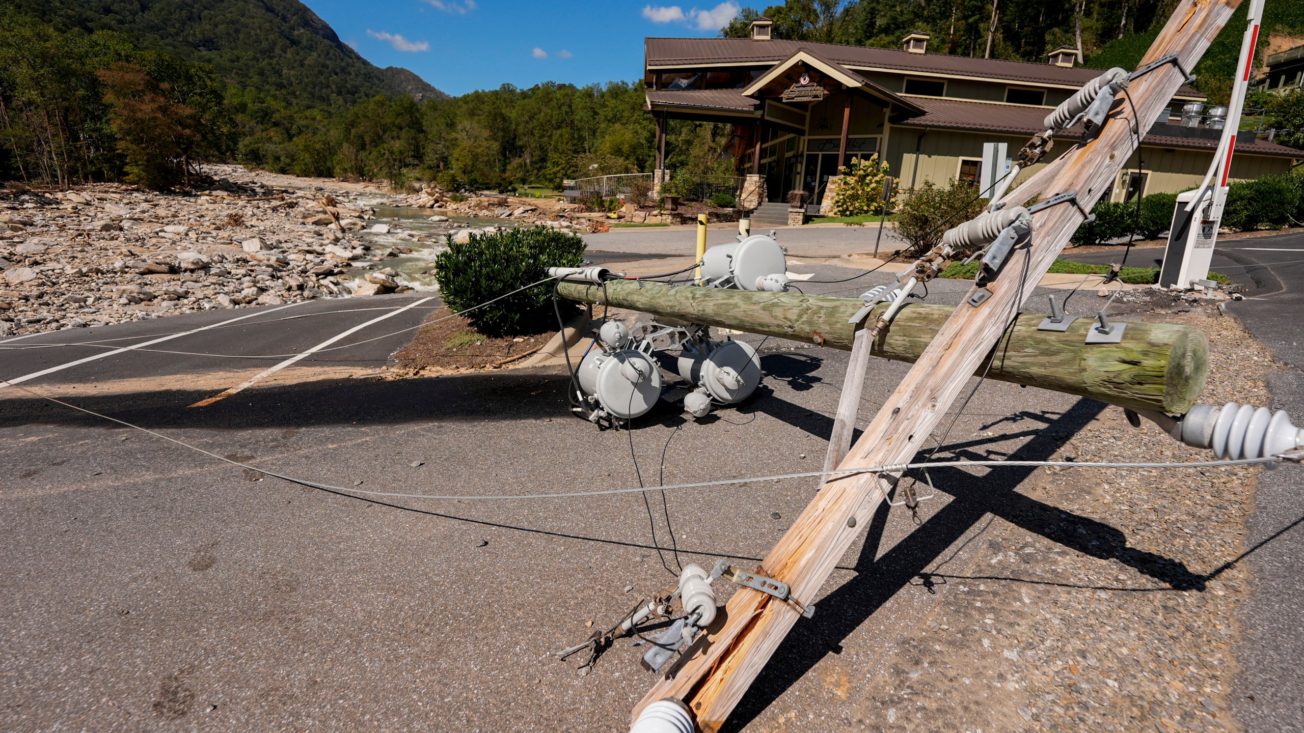 Debris is seen in the aftermath of Hurricane Helene, Wednesday, Oct. 2, 2024, in Chimney Rock Village, N.C. (AP Photo/Mike Stewart)