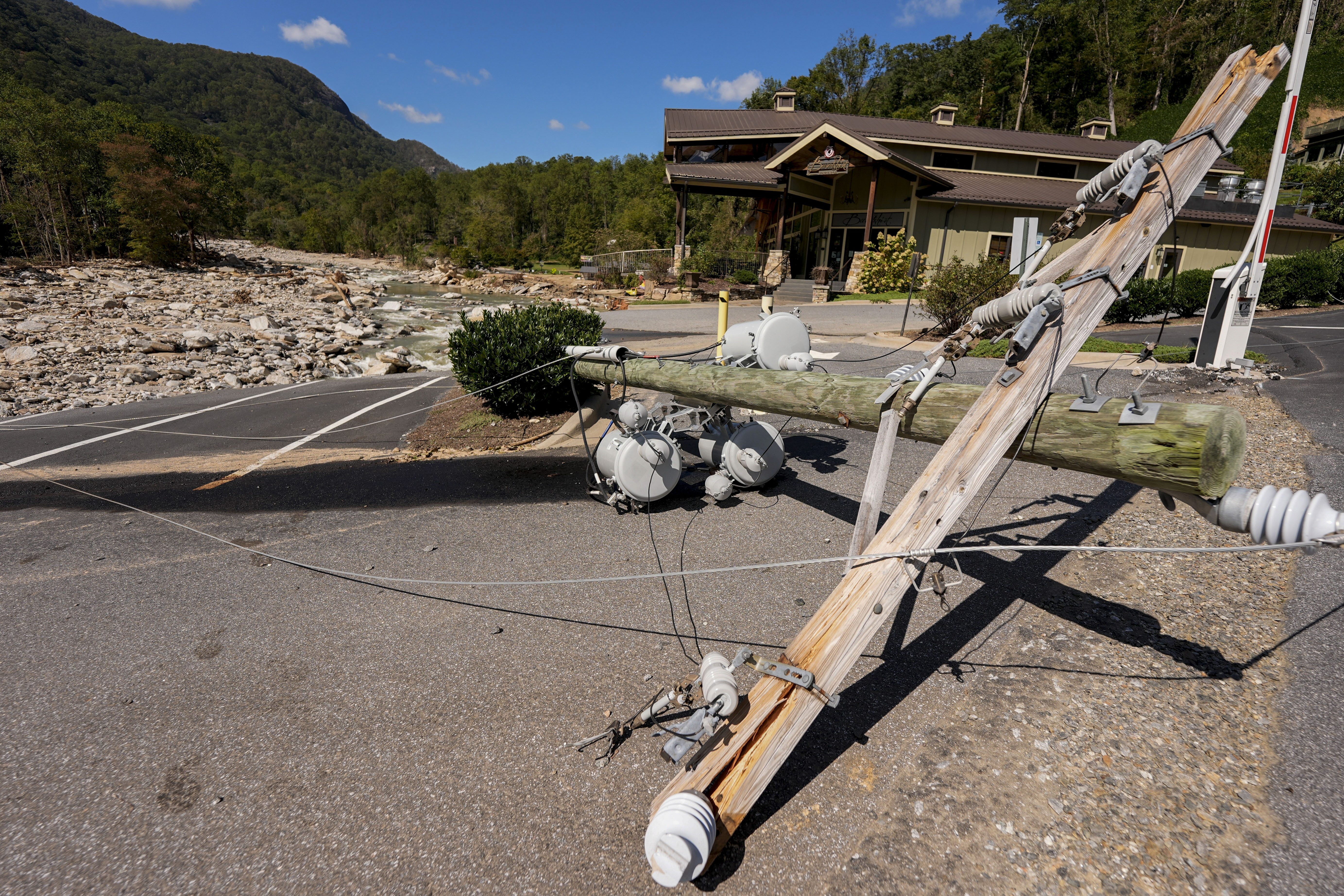 Debris is seen in the aftermath of Hurricane Helene, Wednesday, Oct. 2, 2024, in Chimney Rock Village, N.C. (AP Photo/Mike Stewart)