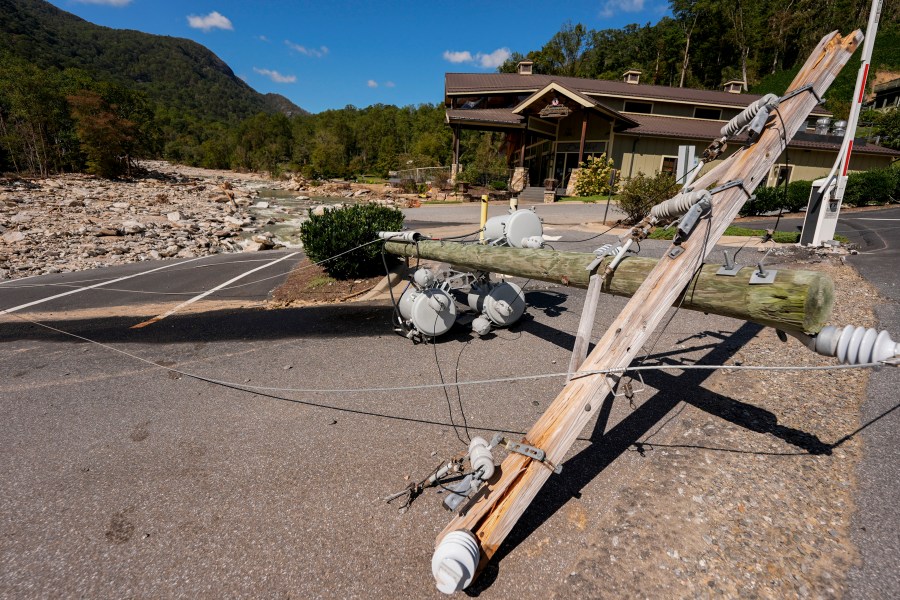 Debris is seen in the aftermath of Hurricane Helene, Wednesday, Oct. 2, 2024, in Chimney Rock Village, N.C. (AP Photo/Mike Stewart)