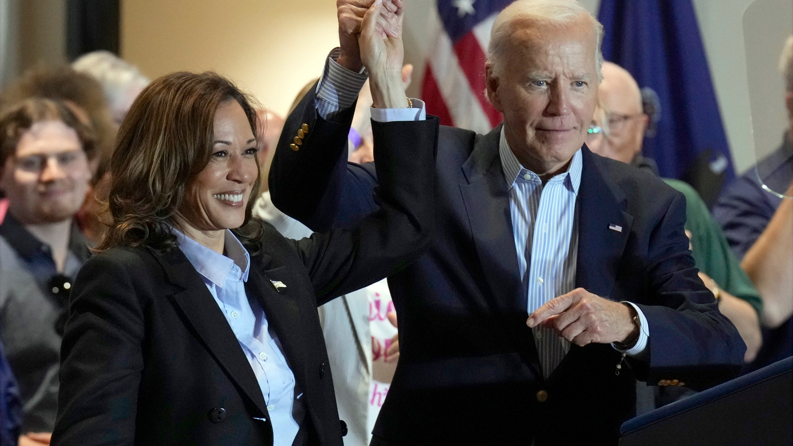 FILE - Democratic presidential nominee Vice President Kamala Harris, left, and President Joe Biden attend a campaign event at the IBEW Local Union #5 union hall in Pittsburgh, on Labor Day, Sept. 2, 2024. (AP Photo/Jacquelyn Martin, File)