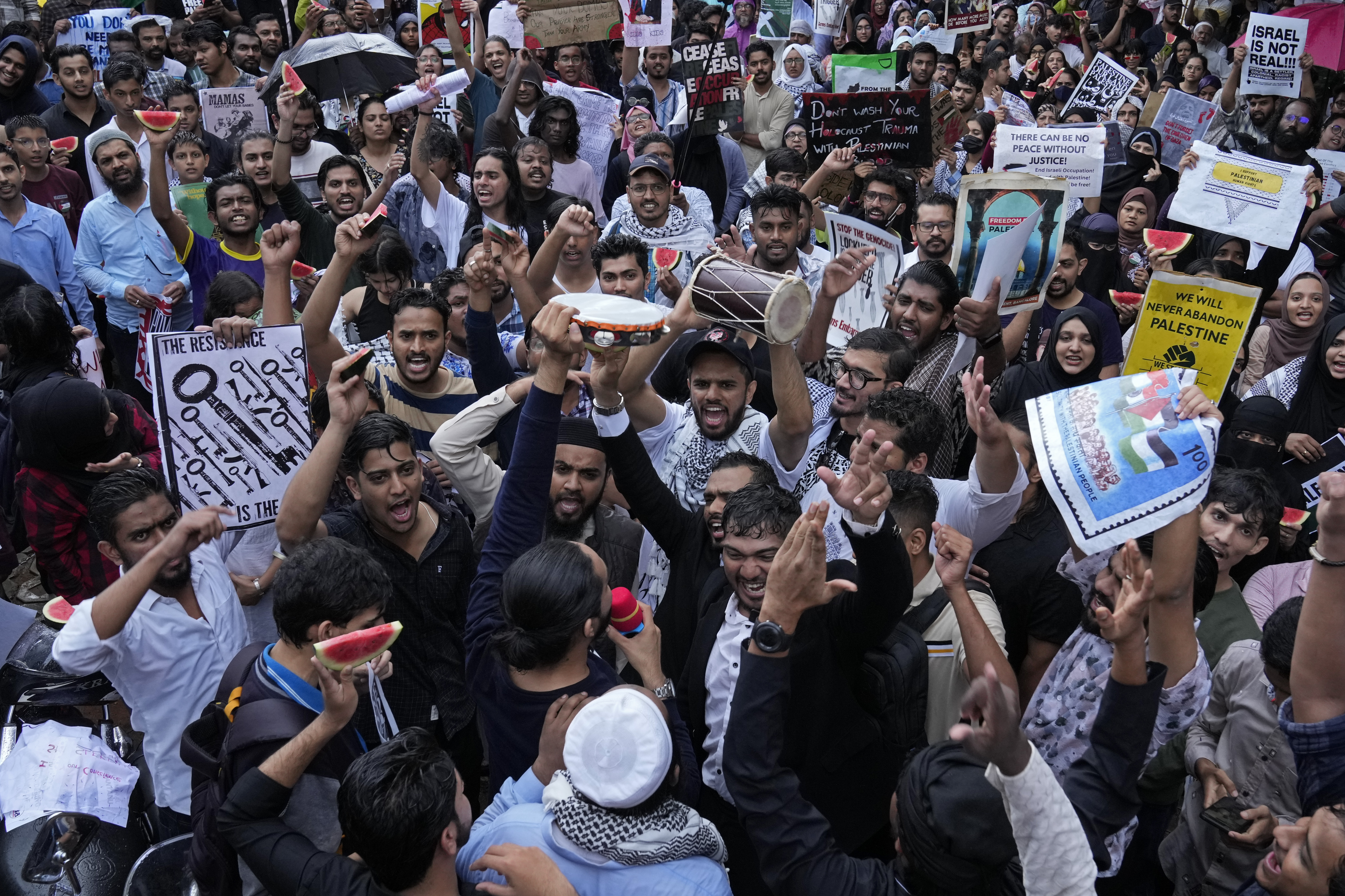 Demonstrators participate in a pro-Palestinian protest in Bengaluru, India, Saturday, Oct. 5, 2024. (AP Photo/Aijaz Rahi) Palestinian