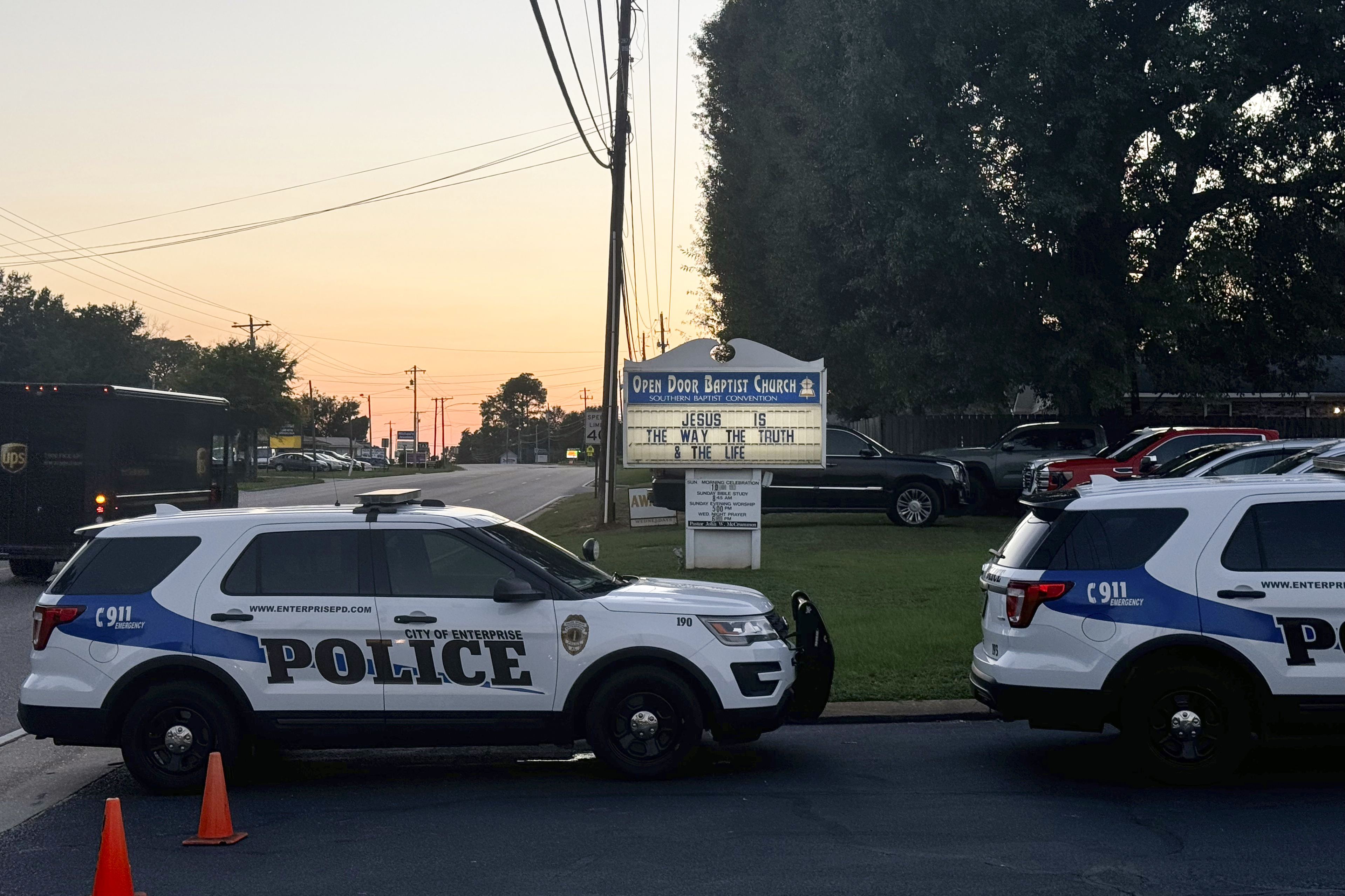 A sign at Open Door Baptist Church, where residents gather to discuss a recent increase in Haitian migrants in the area, is pictured in Enterprise, Ala., Sept. 19, 2024. (AP Photo/Safiyah Riddle)