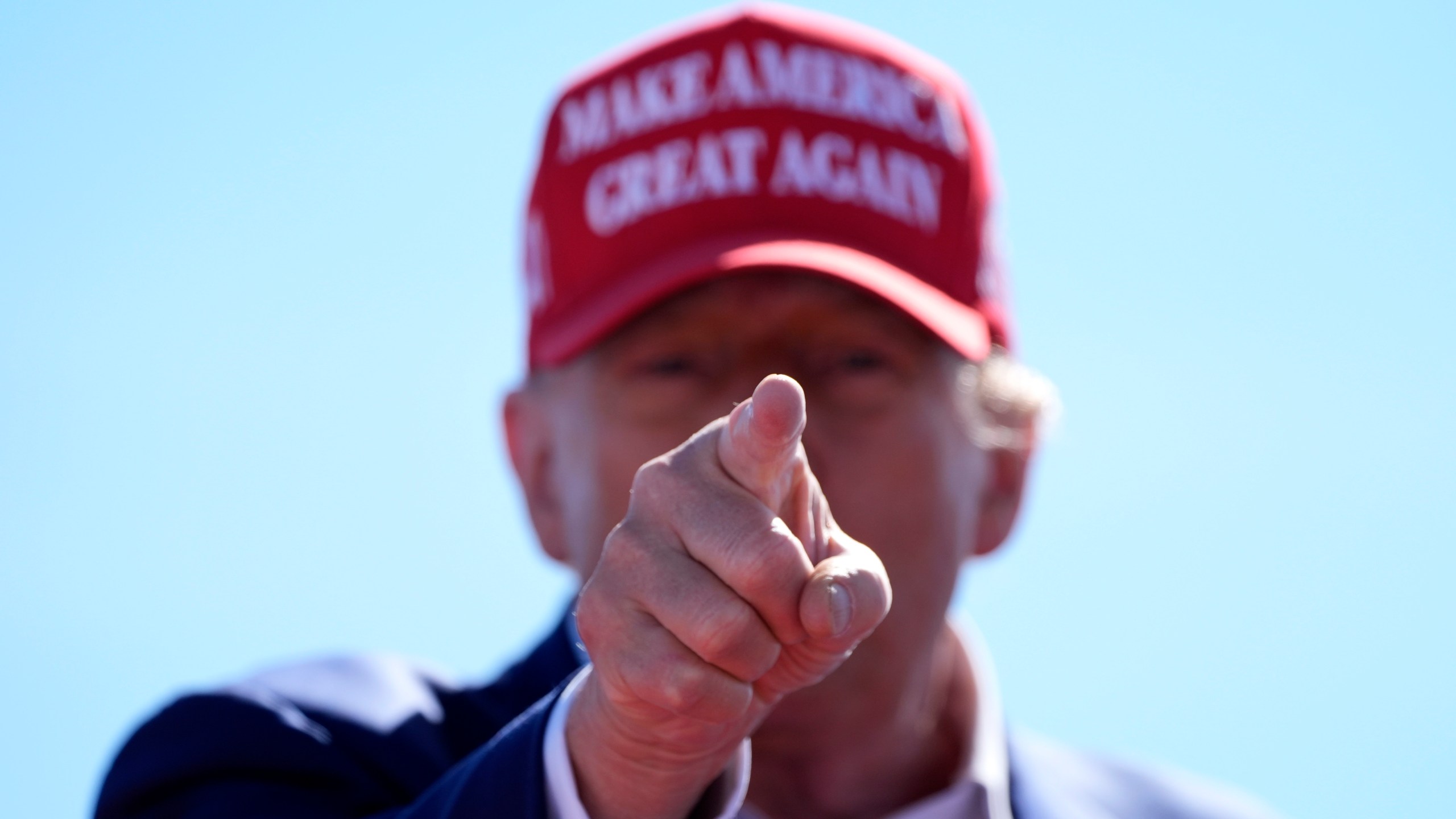 Republican presidential nominee former President Donald Trump gestures during a campaign event at Central Wisconsin Airport, Saturday, Sept. 7, 2024, in Mosinee, Wis. (AP Photo/Alex Brandon)