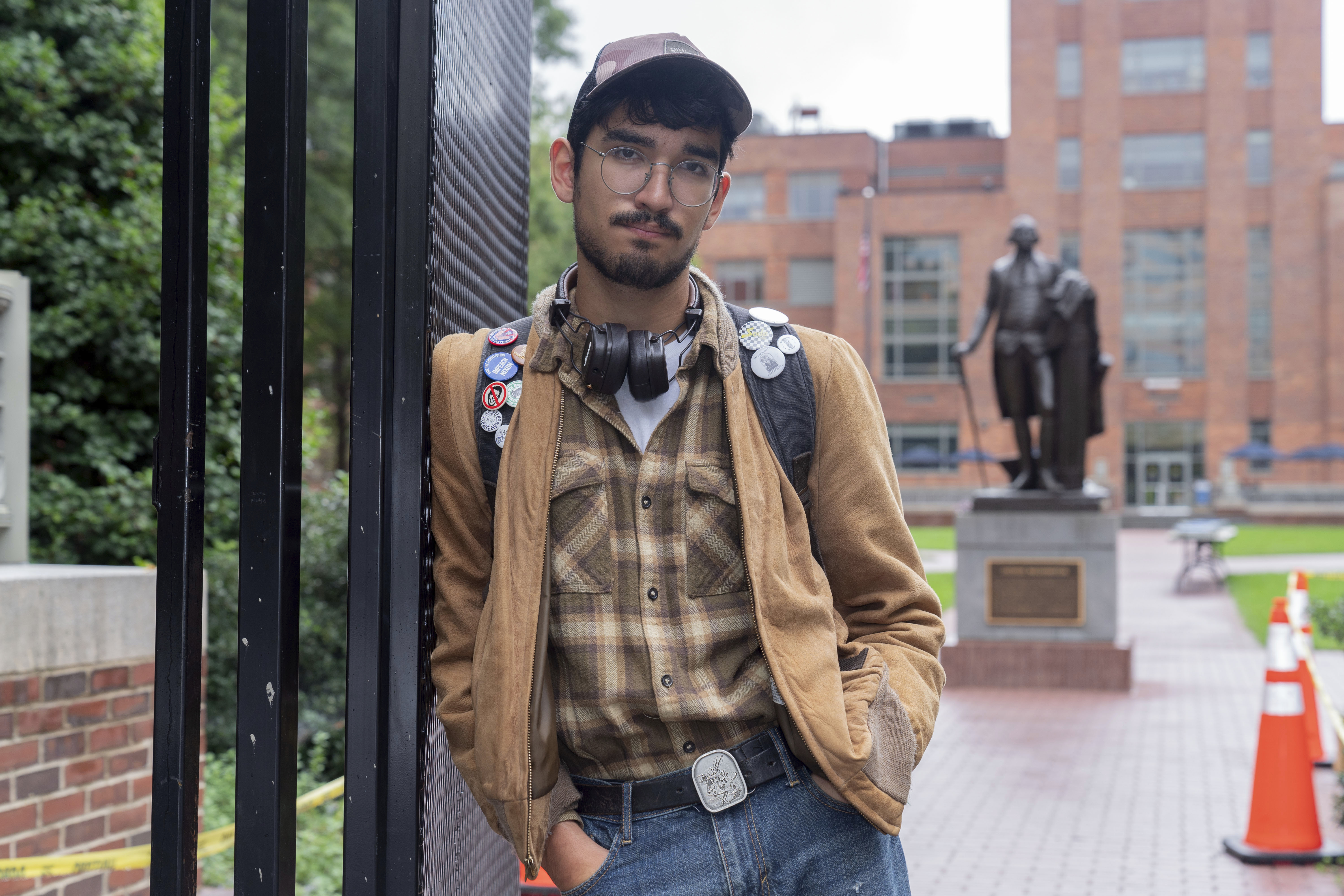 George Washington University student Ty Lindia poses for a photograph at the site of last spring's students tent encampment at George Washington University Yard in Washington, Wednesday, Oct. 2, 2024. (AP Photo/Jose Luis Magana)