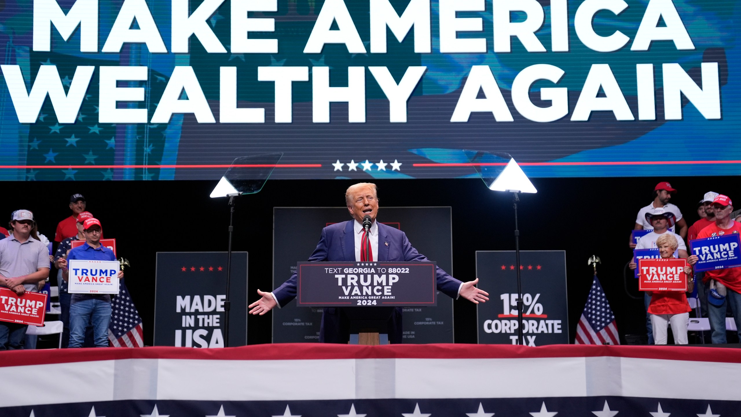 FILE - Republican presidential nominee former President Donald Trump speaks about the tax code and manufacturing, Sept. 24, 2024, in Savannah, Ga. (AP Photo/Evan Vucci, File)