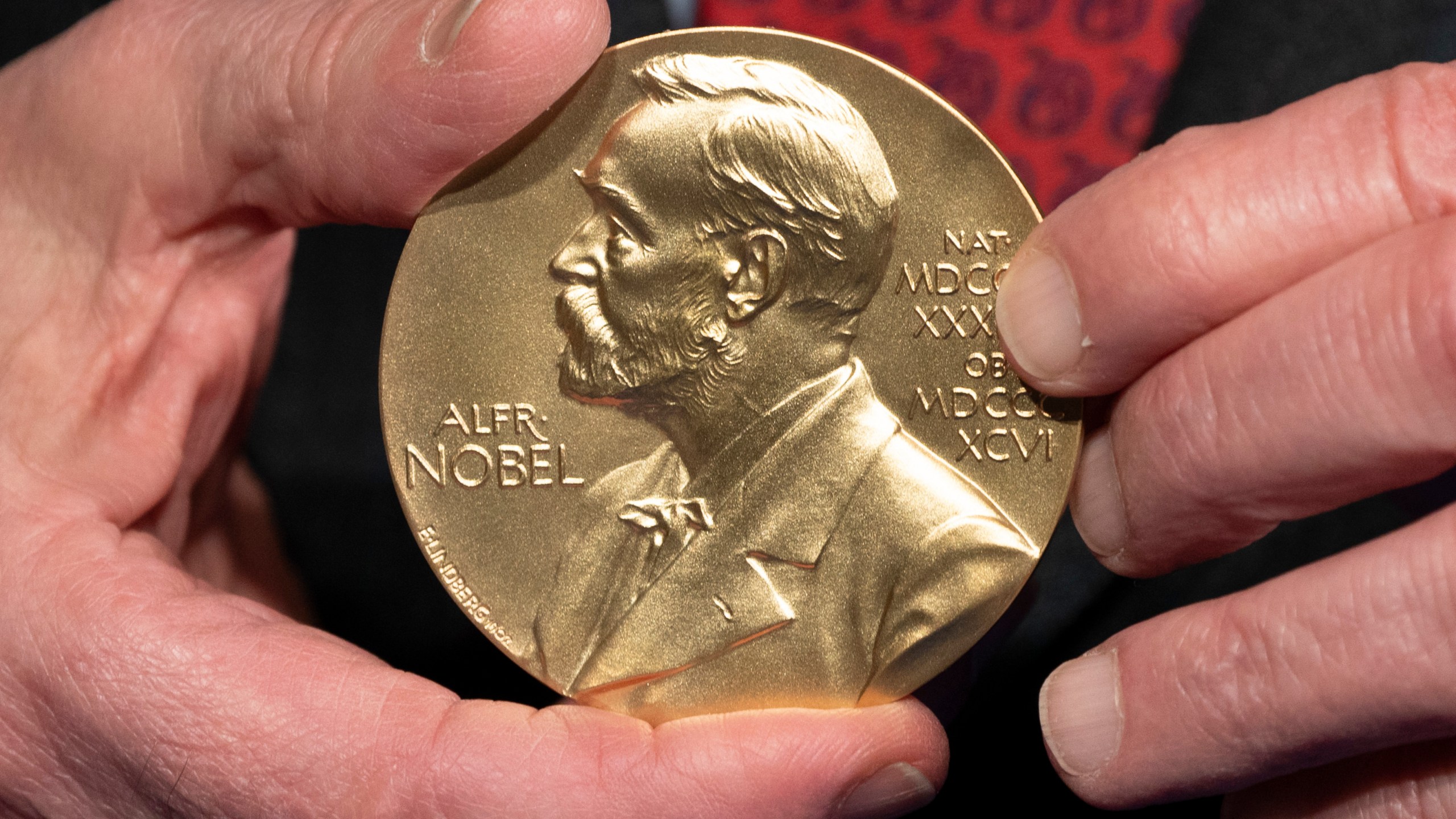 FILE - A close-up view of a Nobel Prize medal at the National Institutes of Health (NIH) in Bethesda, Md., Tuesday, Dec. 8, 2020. (AP Photo/Jacquelyn Martin, File)