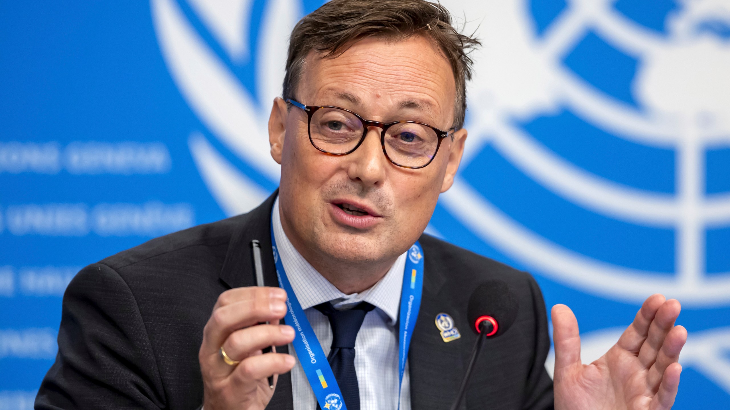 Stefan Uhlenbrook, director of Hydrology, Water and Cryosphere at the World Meteorological Organization (WMO), presents the WMO's State of Global Water Resources report during a press conference at the European headquarters of the United Nations in Geneva, Switzerland, Monday, Oct. 7, 2024. (Salvatore Di Nolfi/Keystone via AP)