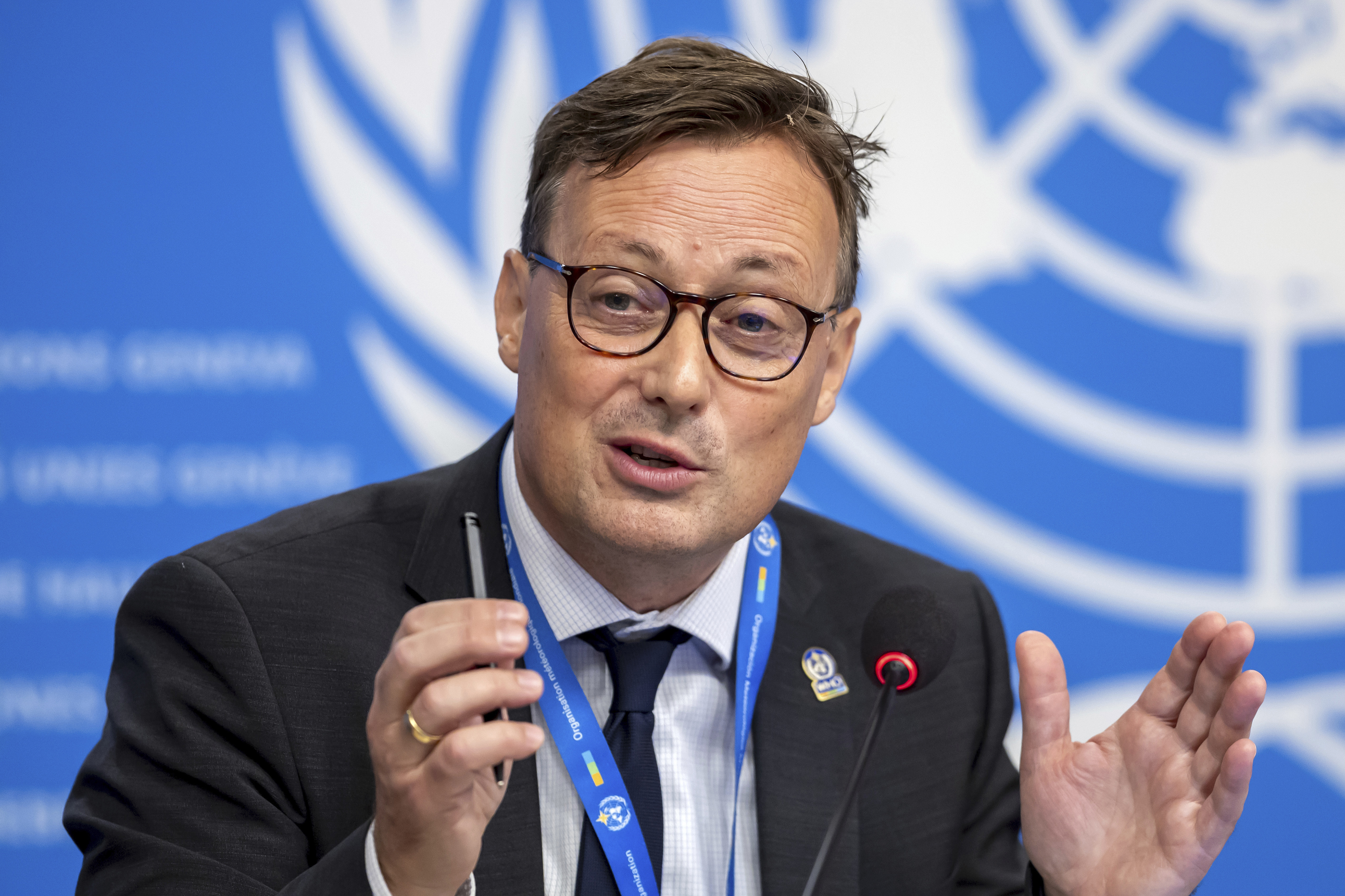 Stefan Uhlenbrook, director of Hydrology, Water and Cryosphere at the World Meteorological Organization (WMO), presents the WMO's State of Global Water Resources report during a press conference at the European headquarters of the United Nations in Geneva, Switzerland, Monday, Oct. 7, 2024. (Salvatore Di Nolfi/Keystone via AP)