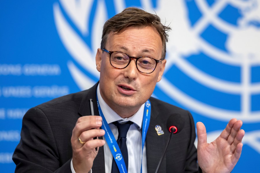 Stefan Uhlenbrook, director of Hydrology, Water and Cryosphere at the World Meteorological Organization (WMO), presents the WMO's State of Global Water Resources report during a press conference at the European headquarters of the United Nations in Geneva, Switzerland, Monday, Oct. 7, 2024. (Salvatore Di Nolfi/Keystone via AP)