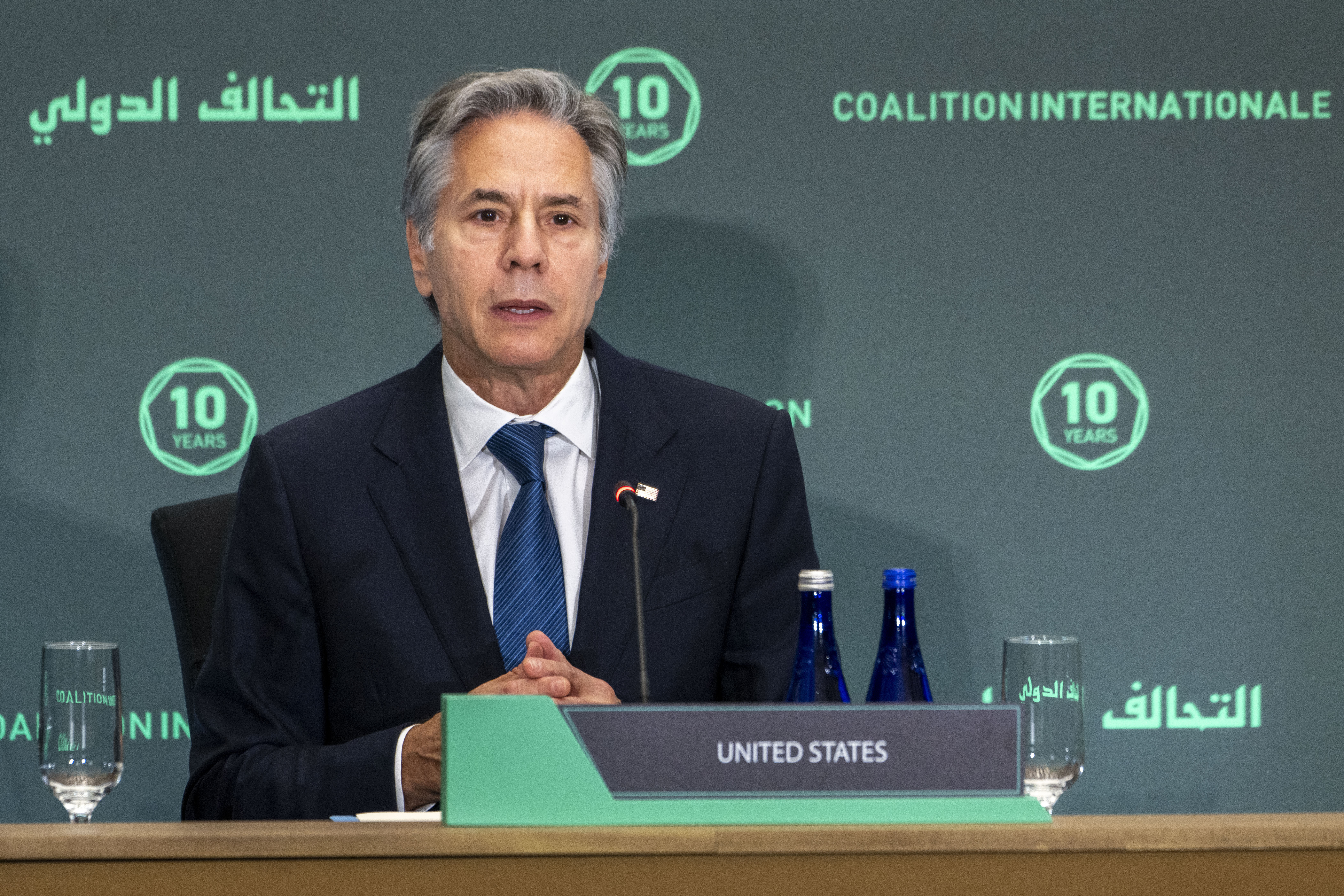 Secretary of State Antony Blinken gives the opening remarks during a meeting of the Global Coalition to Defeat ISIS Ministerial, at the State Department, Monday, Sept. 30, 2024 in Washington. (AP Photo/Kevin Wolf)