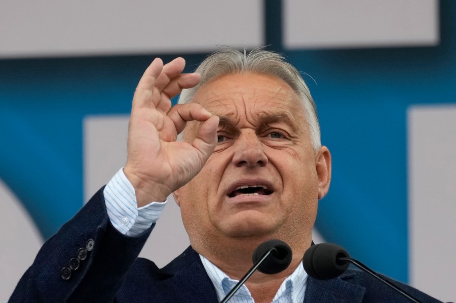 Hungarian Prime Minister and President of EU Council Viktor Orban speaks as he attends the League's annual gathering in Pontida, north of Milan, Italy, Sunday, Oct. 6, 2024. (AP Photo/Antonio Calanni)