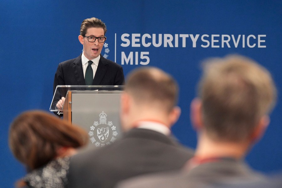 Ken McCallum, Director General of MI5, delivers the annual Director General's speech at Counter Terrorism Operations Centre in west London, Tuesday Oct. 8, 2024. (Yui Mok/PA via AP)