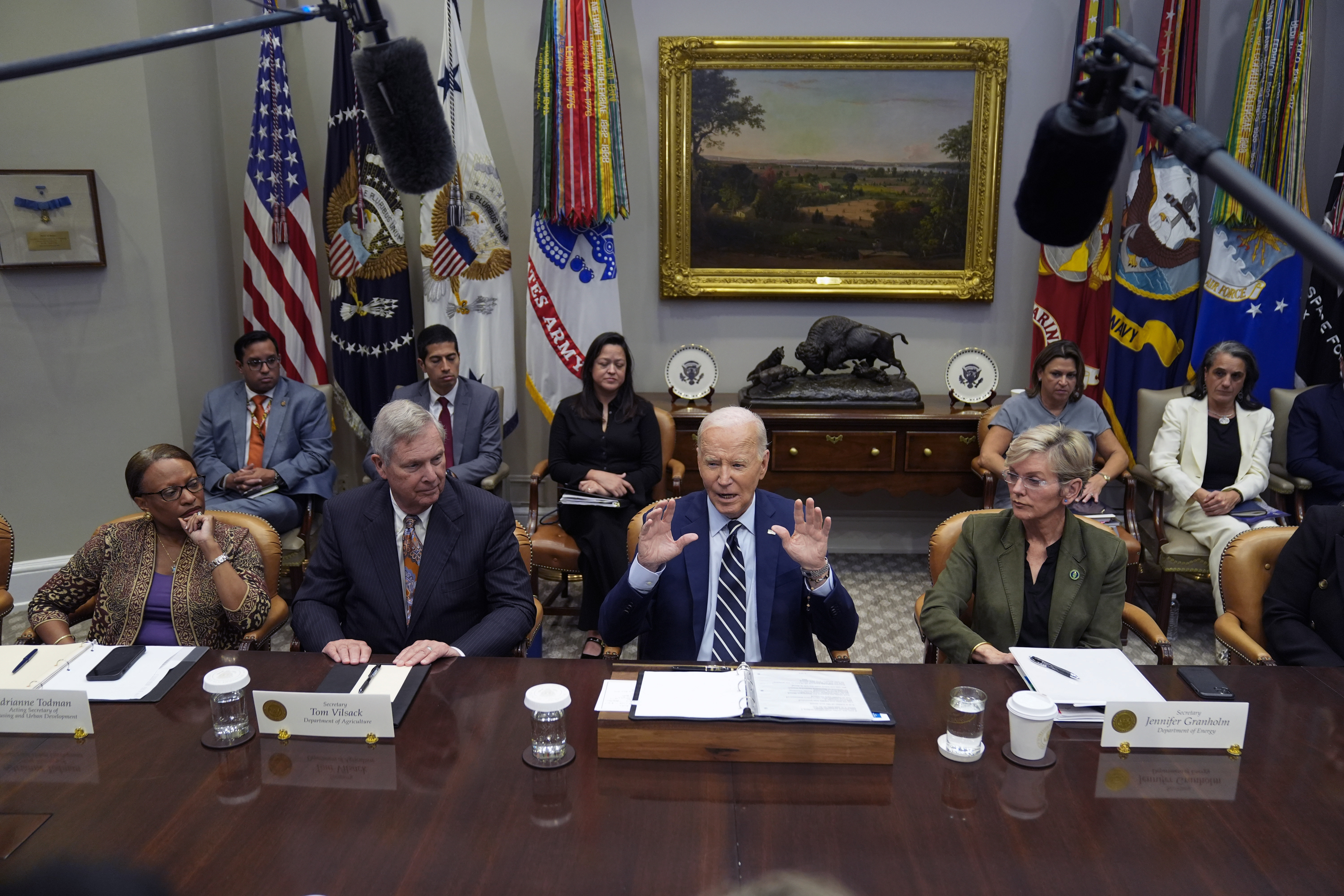 President Joe Biden delivers remarks on the federal government's response to Hurricane Helene and preparations for Hurricane Milton in the Roosevelt Room of the White House, Tuesday, Oct. 8, 2024, in Washington, as from seated left, Acting Secretary of Housing and Urban Development Adrianne Todman, Secretary of Agriculture Tom Vilsack, Biden, and Secretary of Energy Jennifer Granholm, right, look on. (AP Photo/Evan Vucci)