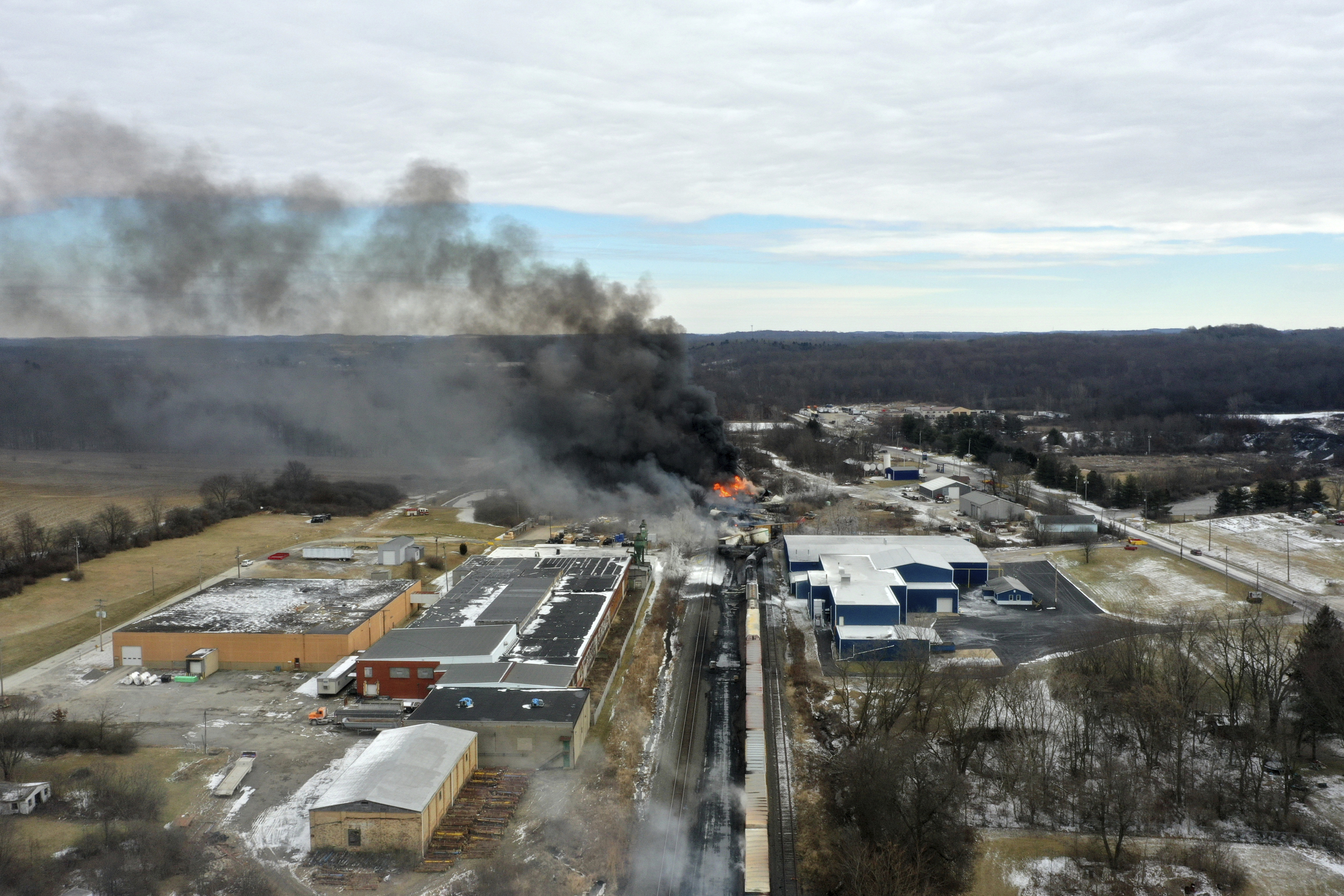 FILE - This photo taken with a drone shows portions of a Norfolk Southern freight train that derailed in East Palestine, Ohio, Feb. 4, 2023. (AP Photo/Gene J. Puskar, File)