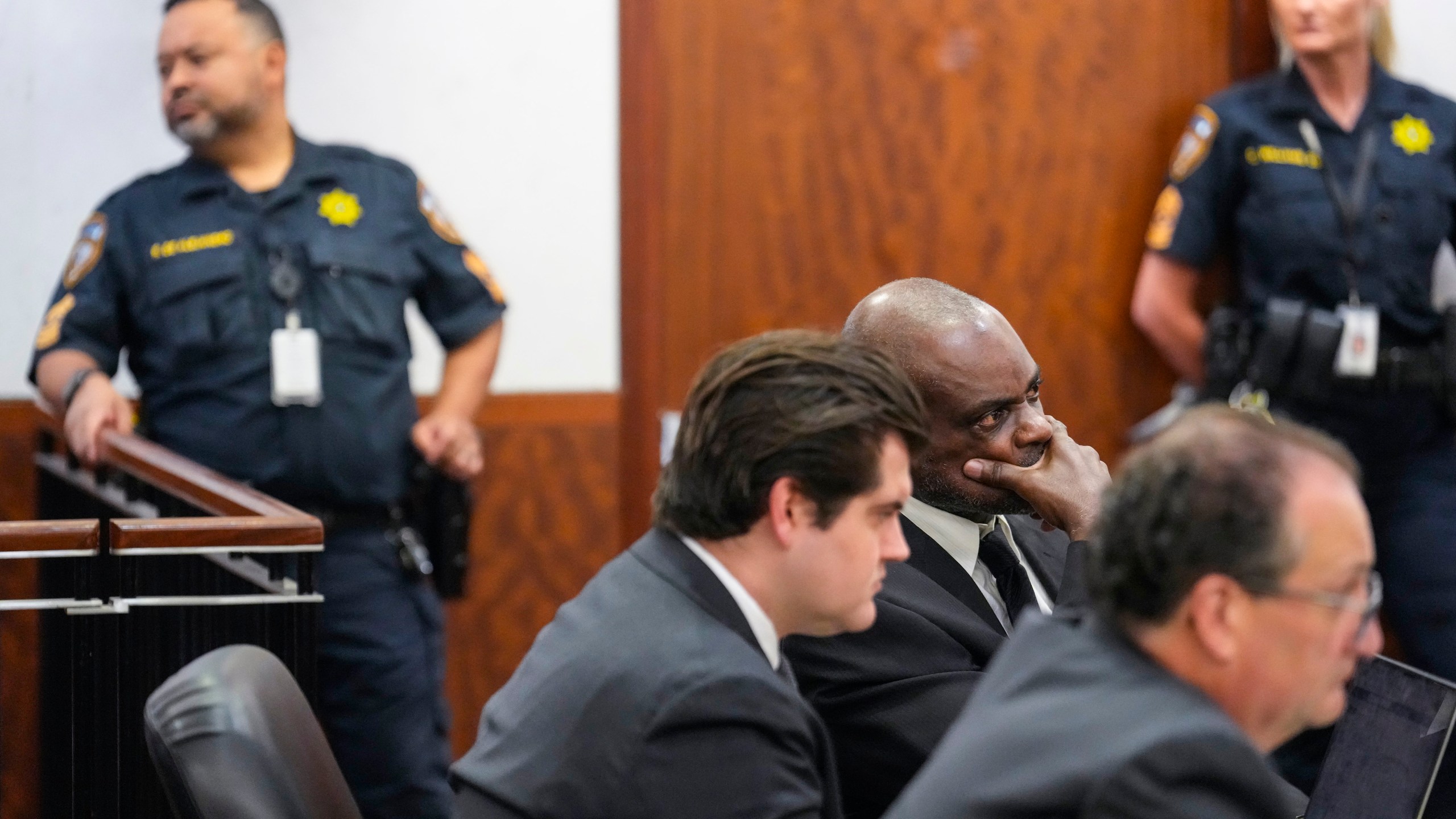 Former Houston Police officer Gerald Gaines listens to closing arguments in the punishment phase of his felony murder trial on Monday, Oct. 7, 2024 in Houston. Goines was found guilty of felony murder in the 2019 deaths of Dennis Tuttle and Rhogena Nicholas. (Brett Coomer/Houston Chronicle via AP)