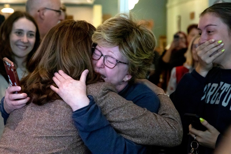 FILE - Democratic presidential nominee Vice President Kamala Harris, left, hugs a supporter during a campaign stop at Penzeys Spices, Saturday, Sept. 7, 2024, in Pittsburgh. (AP Photo/Rebecca Droke, File)