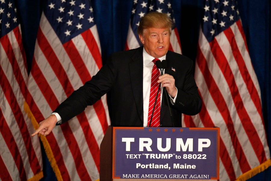 FILE - Republican presidential candidate Donald Trump speaks during a campaign stop in Portland, Maine, March 3, 2016. (AP Photo/Robert F. Bukaty, File)