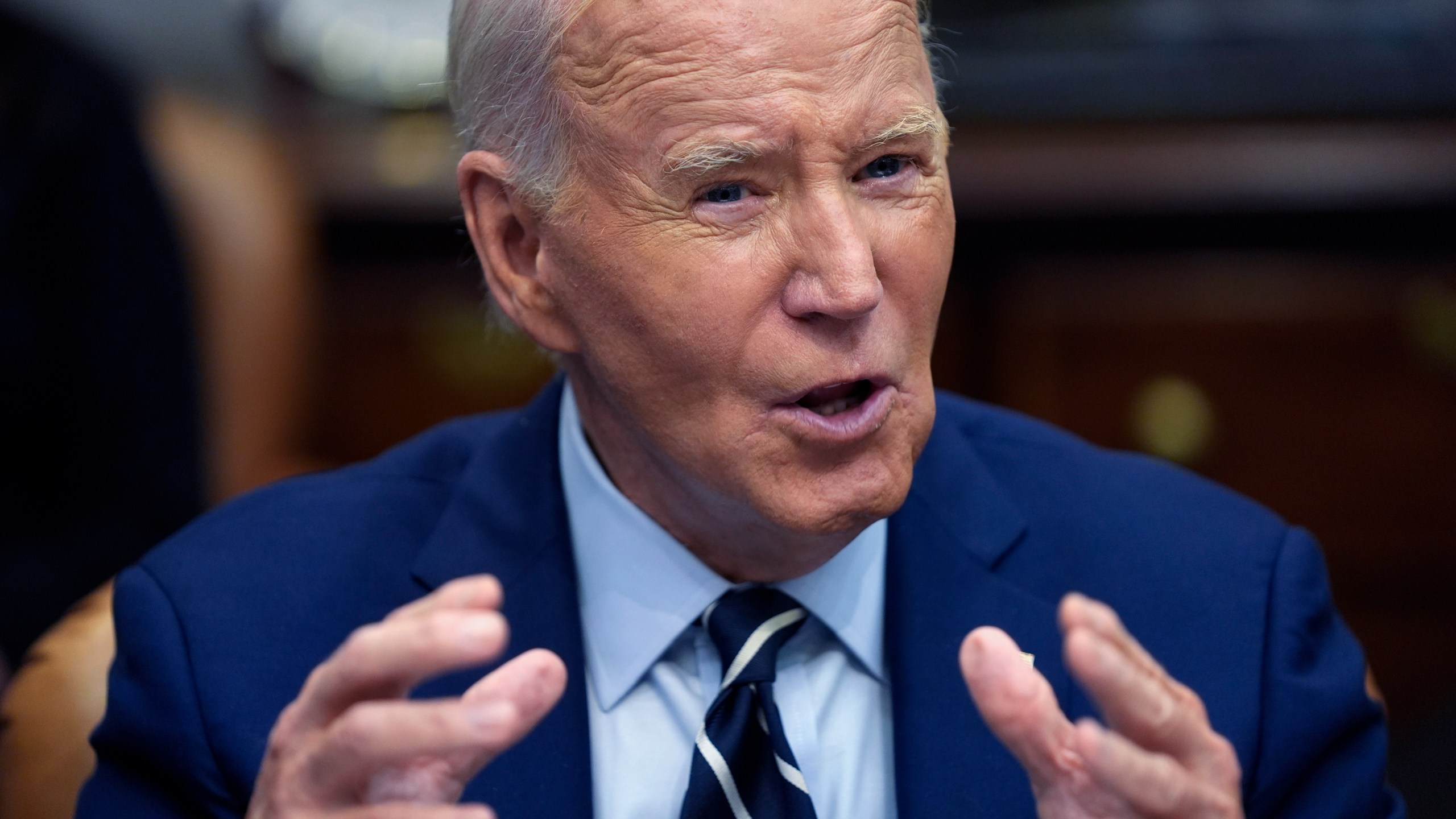 President Joe Biden delivers remarks on the federal government's response to Hurricane Helene and preparations for Hurricane Milton in the Roosevelt Room of the White House, Tuesday, Oct. 8, 2024, in Washington. (AP Photo/Evan Vucci)