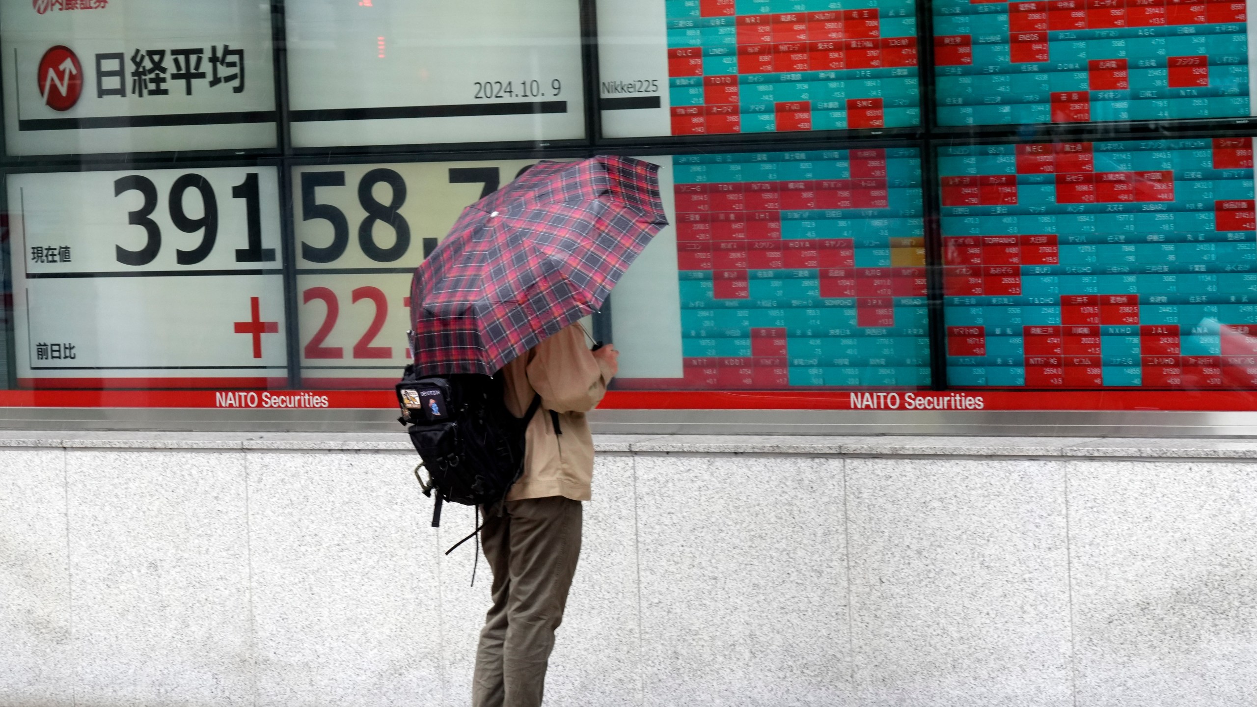 A person looks at an electronic stock board showing Japan's Nikkei index at a securities firm, Wednesday, Oct. 9, 2024, in Tokyo. (AP Photo/Eugene Hoshiko)