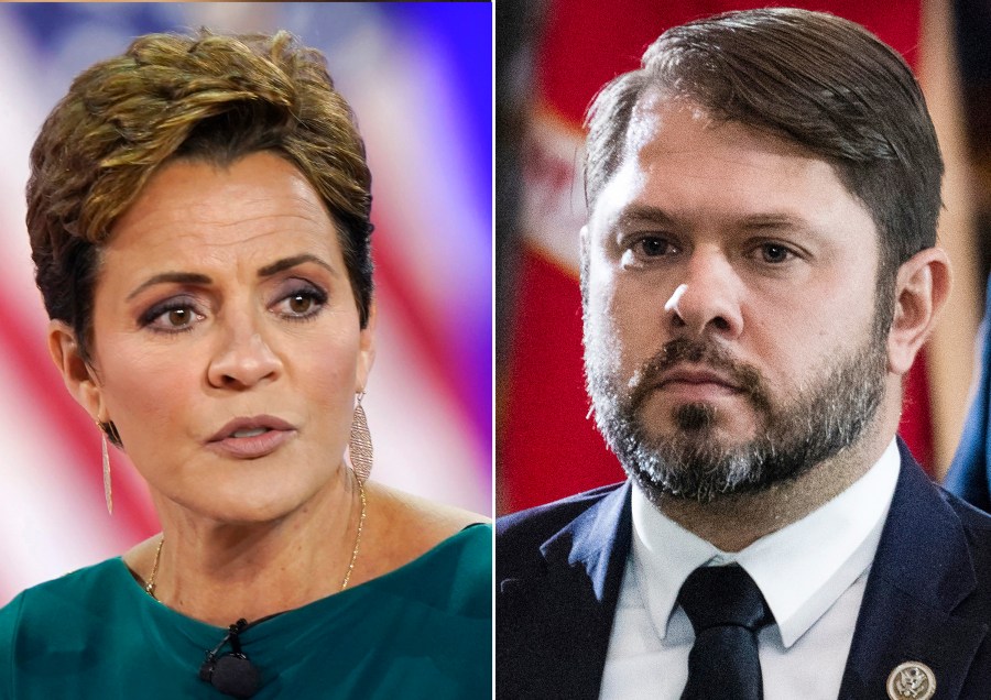 In this combination photo, Kari Lake speaks in Dallas, Aug. 5, 2022, left, and Rep. Ruben Gallego, D-Ariz., is seen in the Capitol, July 14, 2022, in Washington. (AP Photo, File)