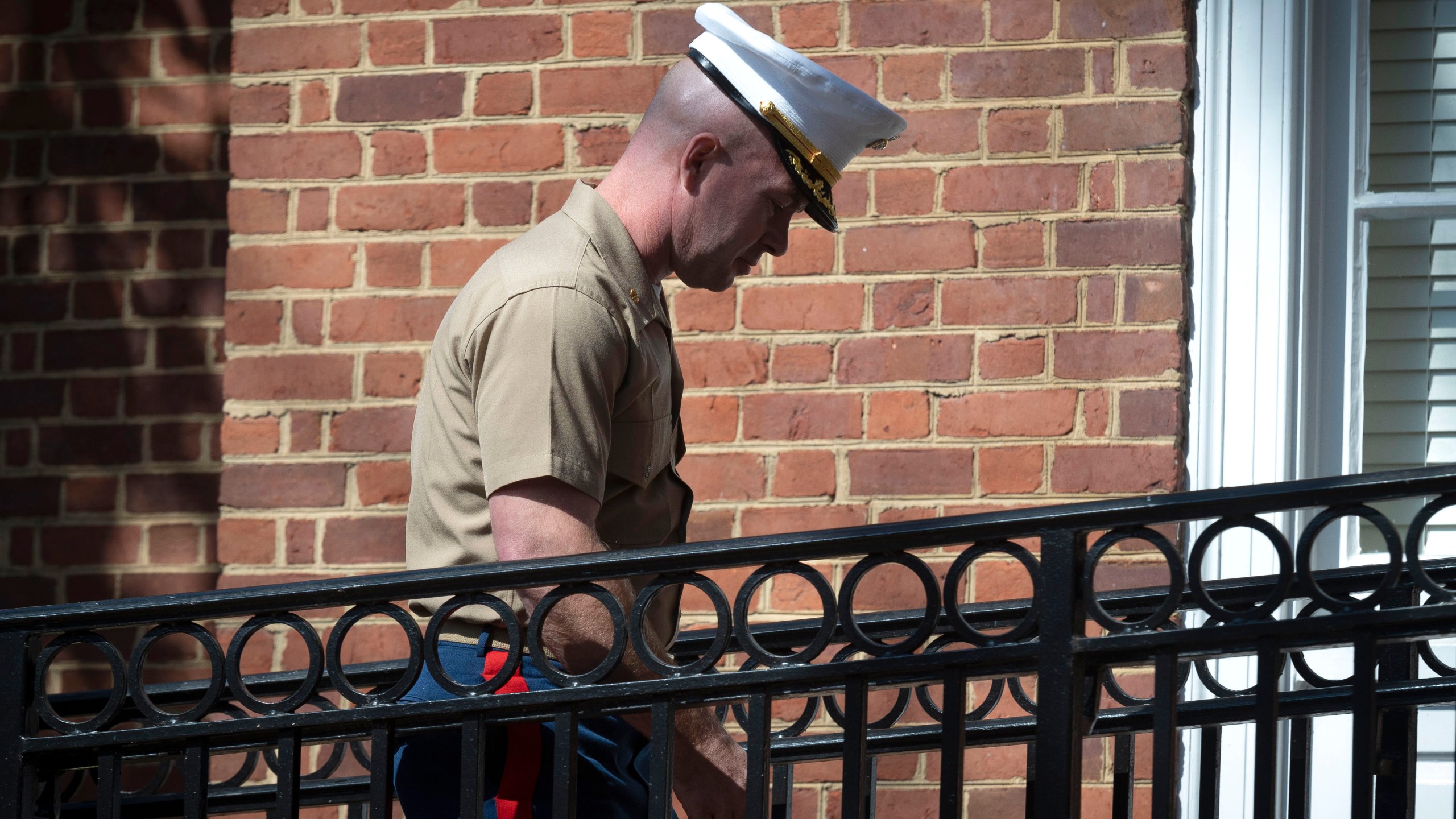 FILE - Marine Maj. Joshua Mast, arrives at Circuit Court for a hearing in an ongoing custody battle over an Afghan orphan, March 30, 2023 in Charlottesville, Va. (AP Photo/Cliff Owen, File)