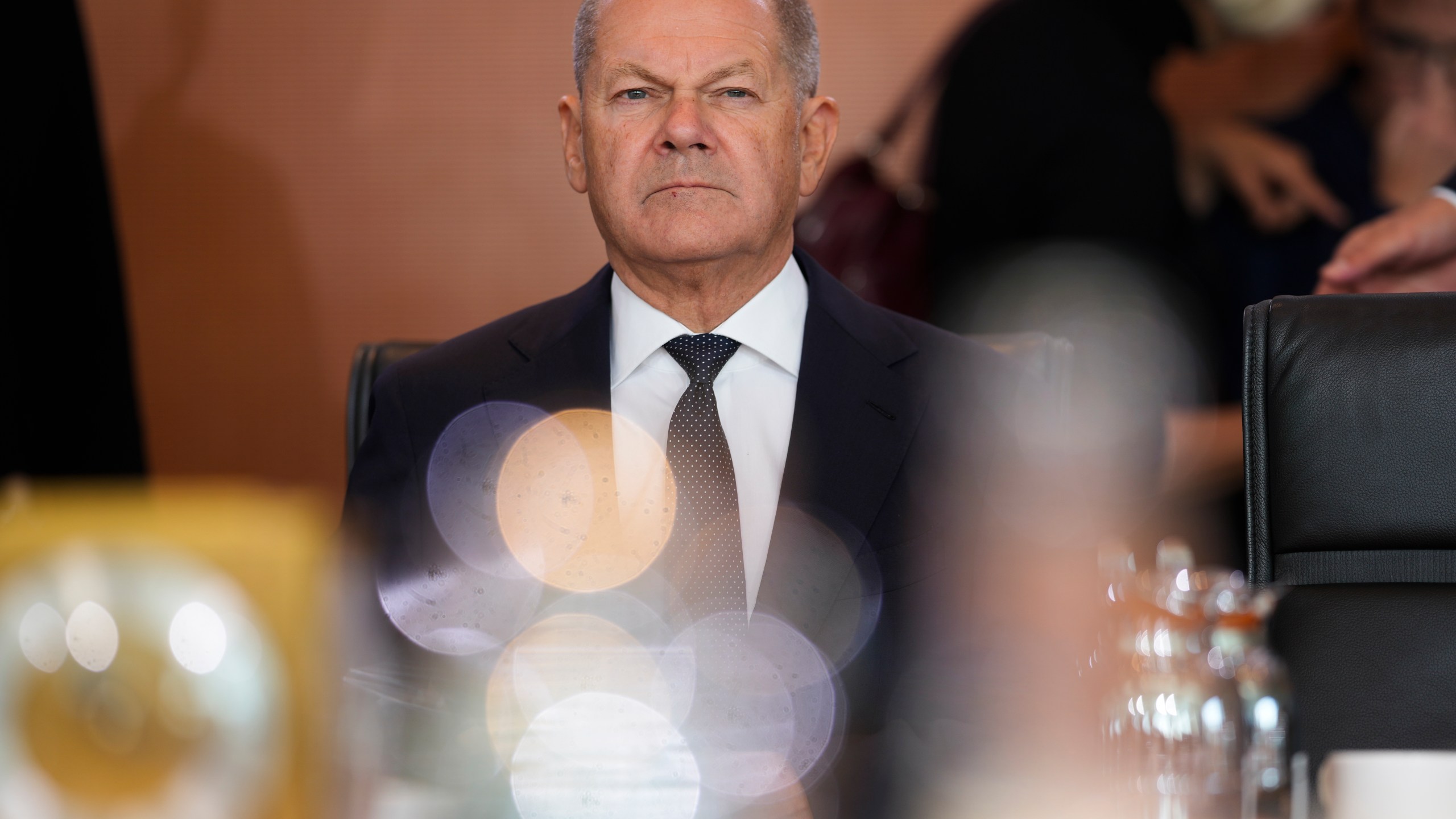 German Chancellor Olaf Scholz arrives for the cabinet meeting of the government at the chancellery in Berlin, Germany, Wednesday, Oct. 9, 2024. (AP Photo/Markus Schreiber)