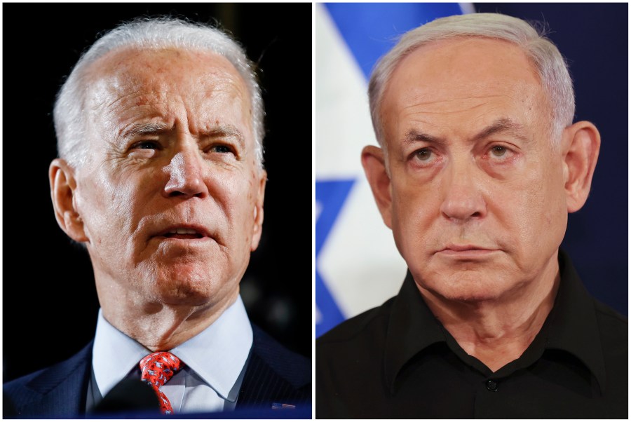 This combination image shows, from left; President Joe Biden, on March 12, 2020, in Wilmington, Del., and Israeli Prime Minister Benjamin Netanyahu on Oct. 28, 2023, in Tel Aviv, Israel. (AP Photo, File)