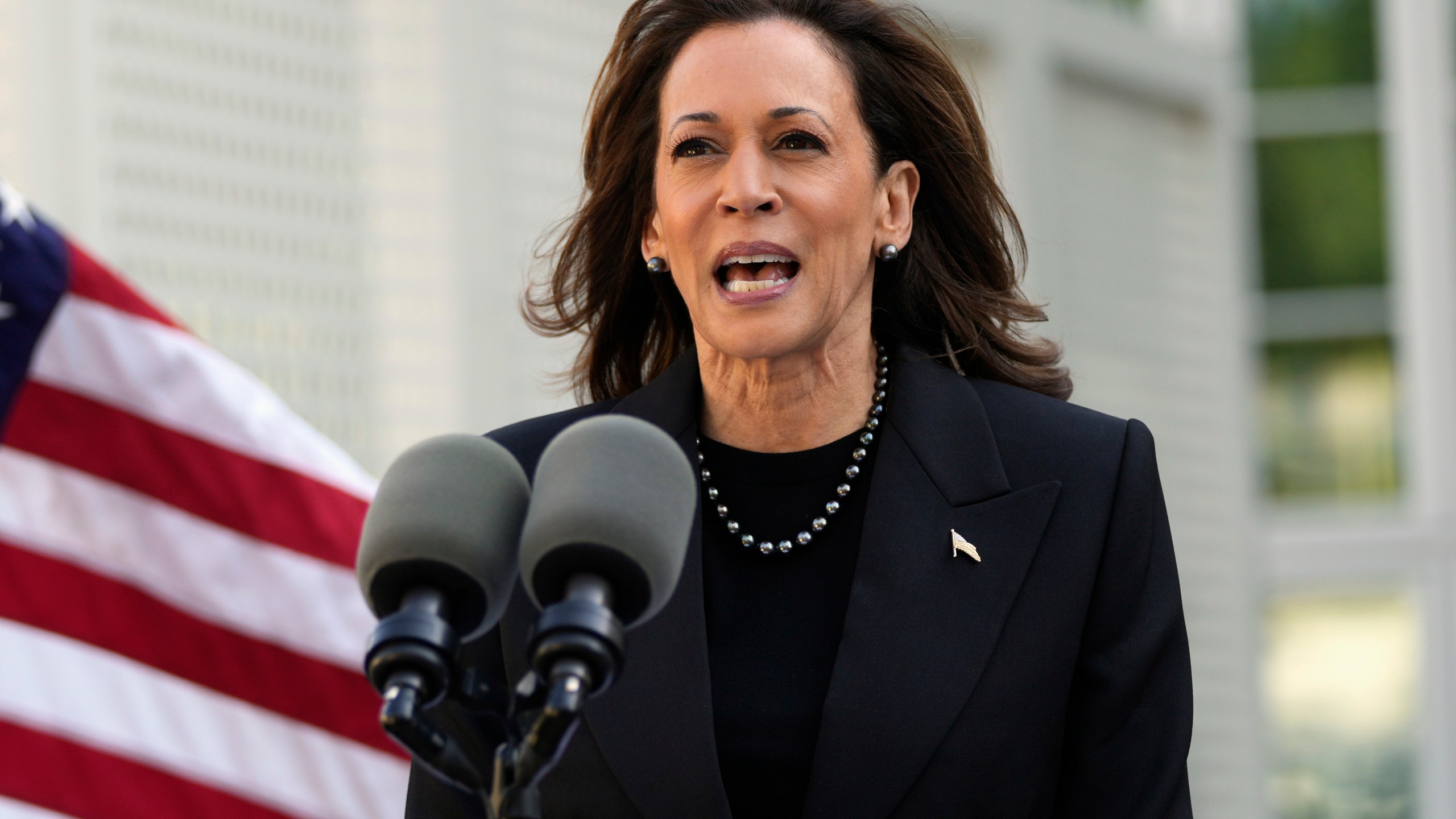 Democratic presidential nominee Vice President Kamala Harris speaks before planting a memorial tree on the grounds of the Vice President's residence in Washington on Monday, Oct. 7, 2024, to honor the victims and mark one year since the Oct. 7, 2023, Hamas attack on Israel. (AP Photo/Ben Curtis)