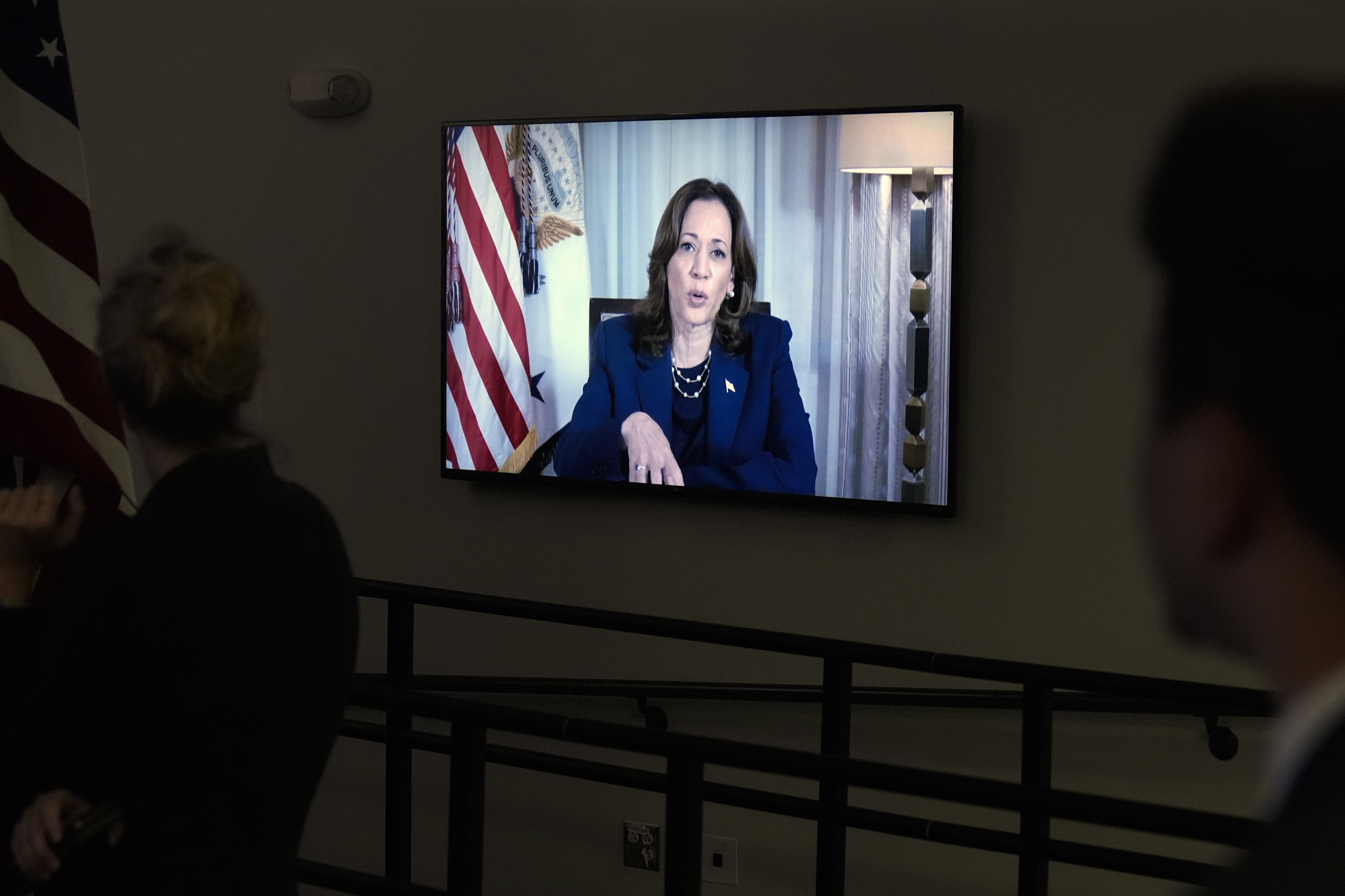 Vice President Kamala Harris speaks virtually, during a briefing with President Joe Biden and Elizabeth Sherwood-Randall, Homeland Security Advisor to the President, not shown, on the preparations for Hurricane Milton and the response to Hurricane Helene in the South Court Auditorium on the White House complex in Washington, Wednesday, Oct. 9, 2024. (AP Photo/Mark Schiefelbein)