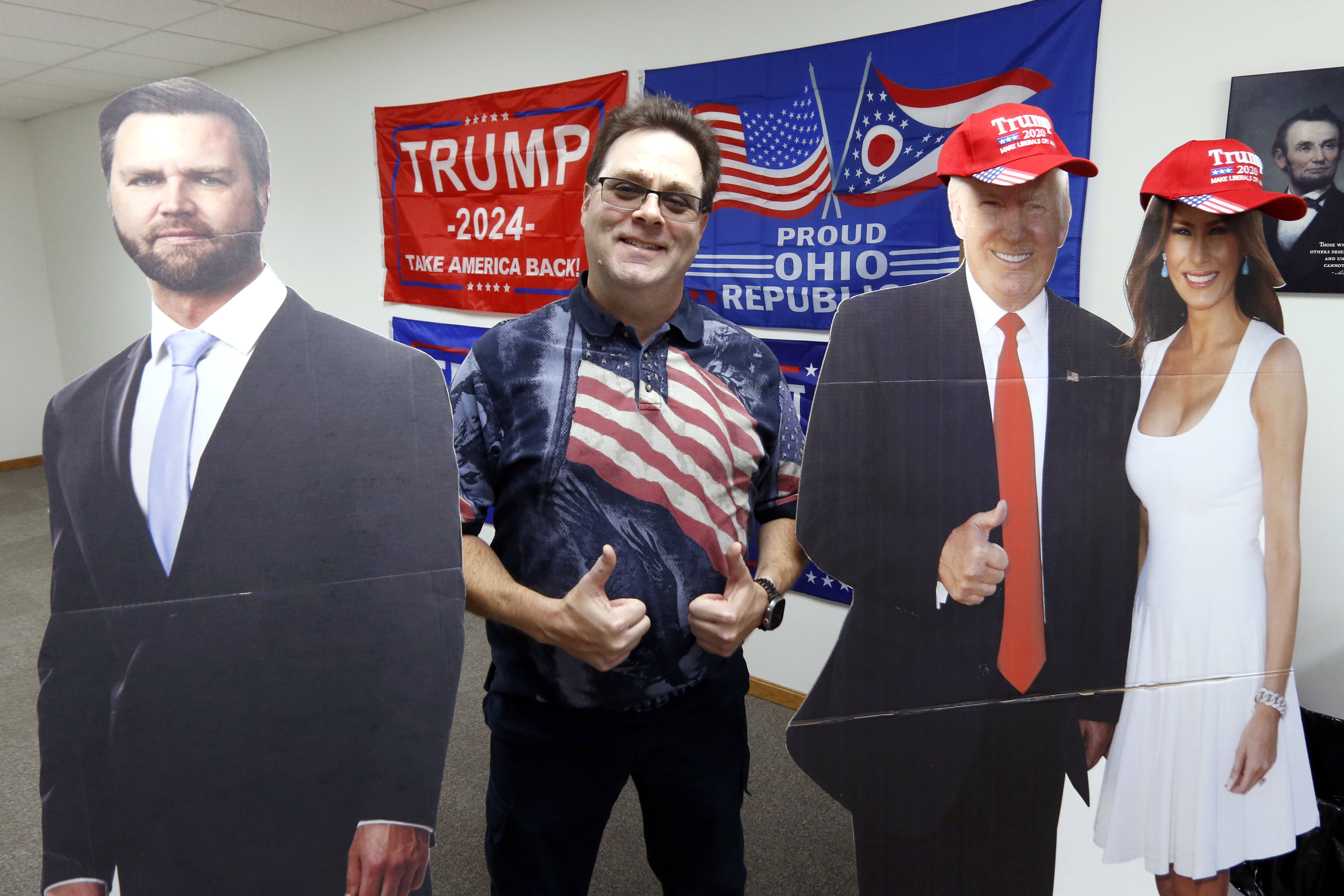 Doug Deepen, the chair of the Wayne County Republican Party in Ohio poses at the Wayne County Republican Party headquarters in Wooster, Ohio, Oct. 8, 2024. (AP Photo/Tom E. Puskar)