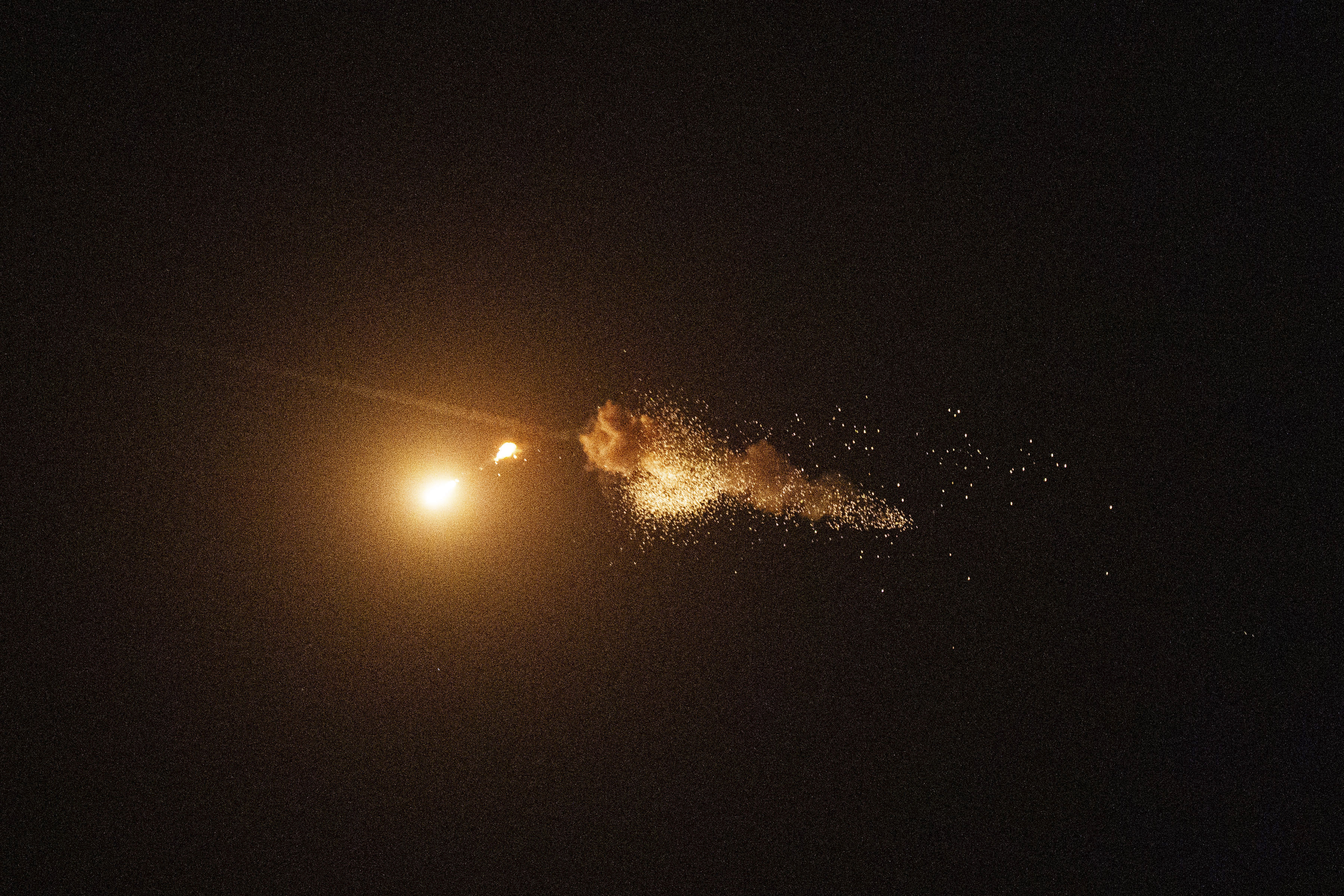 FILE - Ukrainian air defenses intercept a Shahed drone during a Russia aerial attack on Kyiv, Ukraine, on Saturday, Sept. 7, 2024. (AP Photo/Evgeniy Maloletka, File)