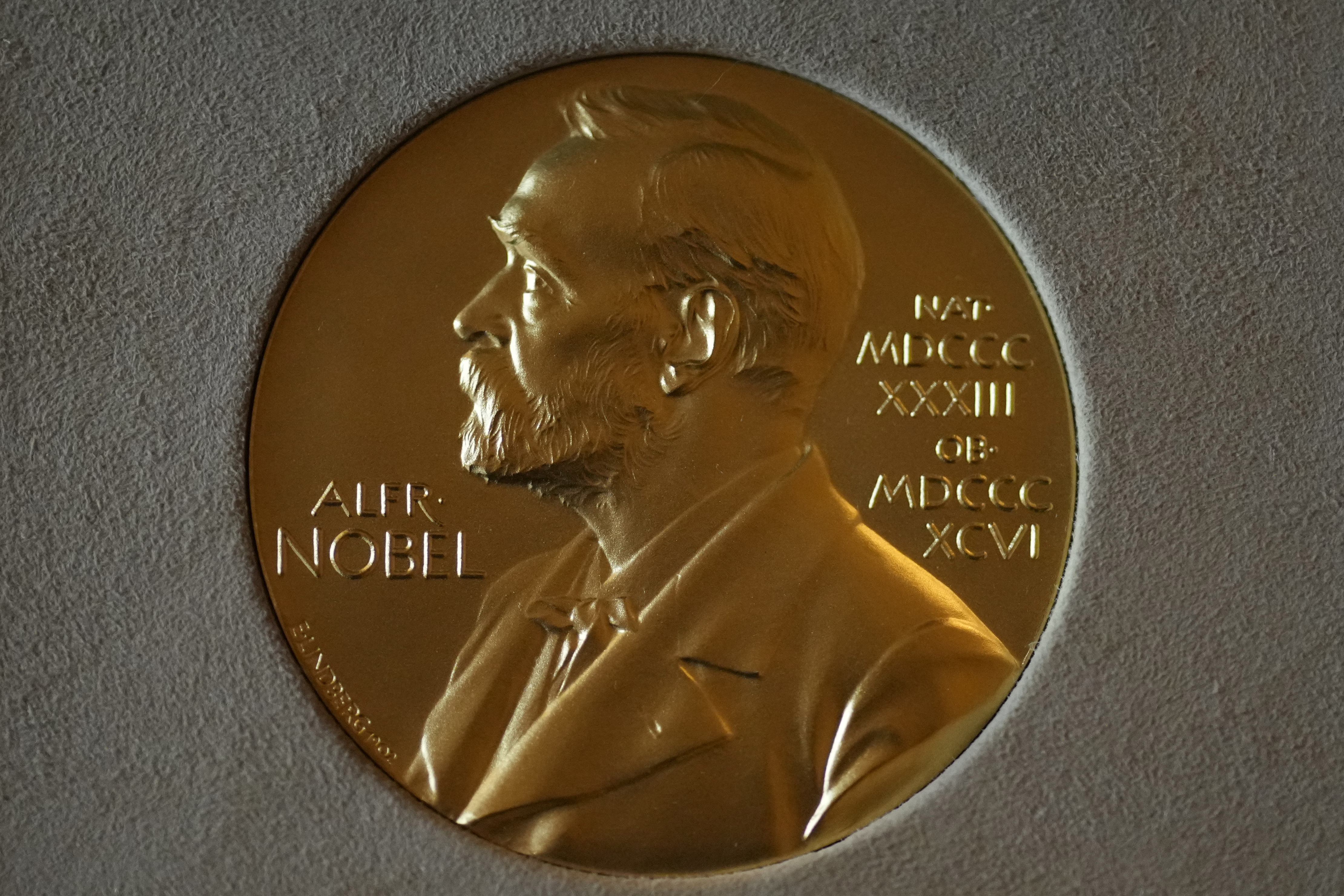 FILE - A Nobel Prize medal is displayed before a ceremony at the Swedish Ambassador's Residence in London, Monday, Dec. 6, 2021. (AP Photo/Matt Dunham, File)