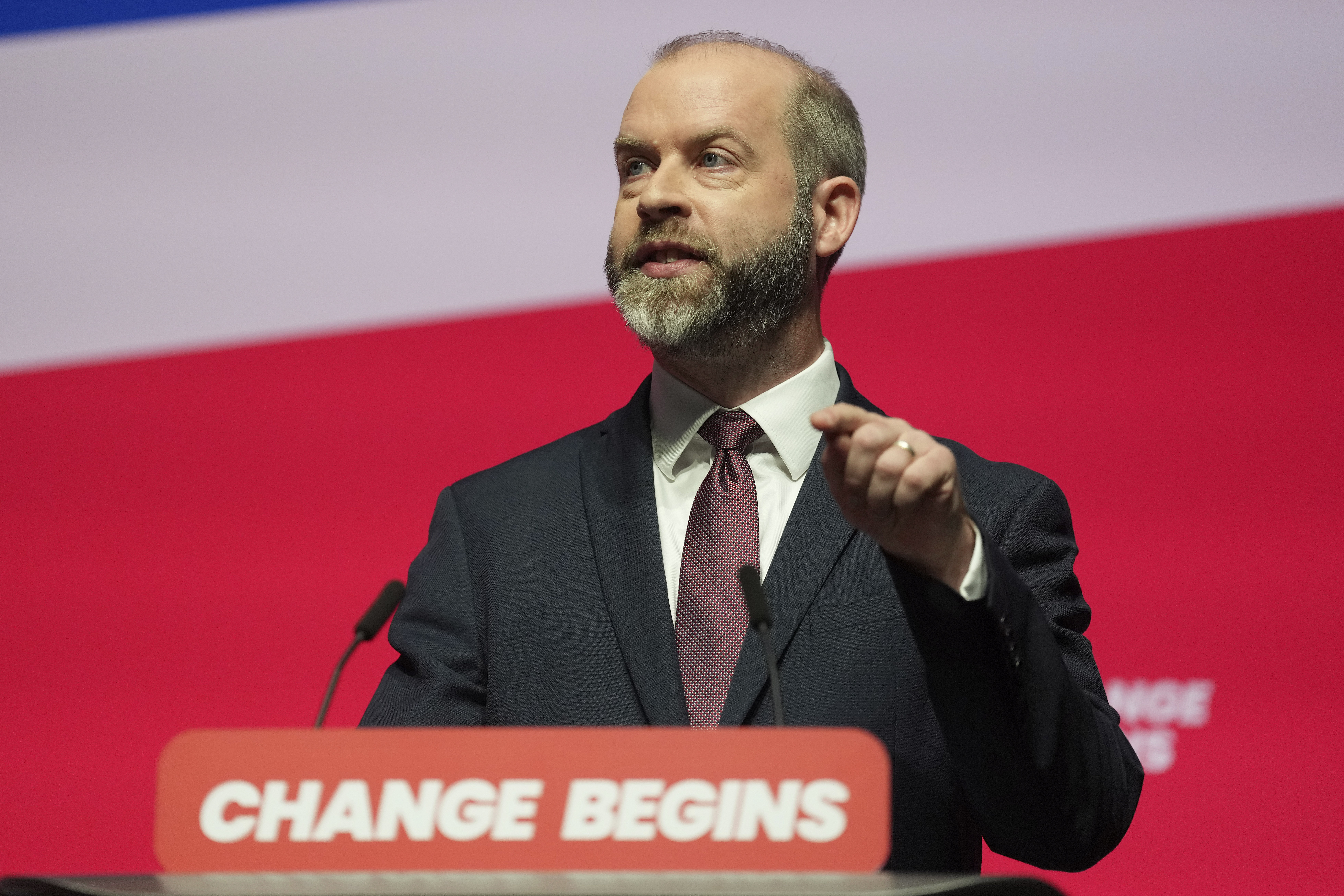 Britain's Secretary of State for Business and Trade Jonathan Reynolds speaks during the Labour Party Conference in Liverpool, England, Monday, Sept. 23, 2024.(AP Photo/Jon Super)