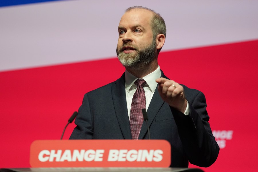 Britain's Secretary of State for Business and Trade Jonathan Reynolds speaks during the Labour Party Conference in Liverpool, England, Monday, Sept. 23, 2024.(AP Photo/Jon Super)