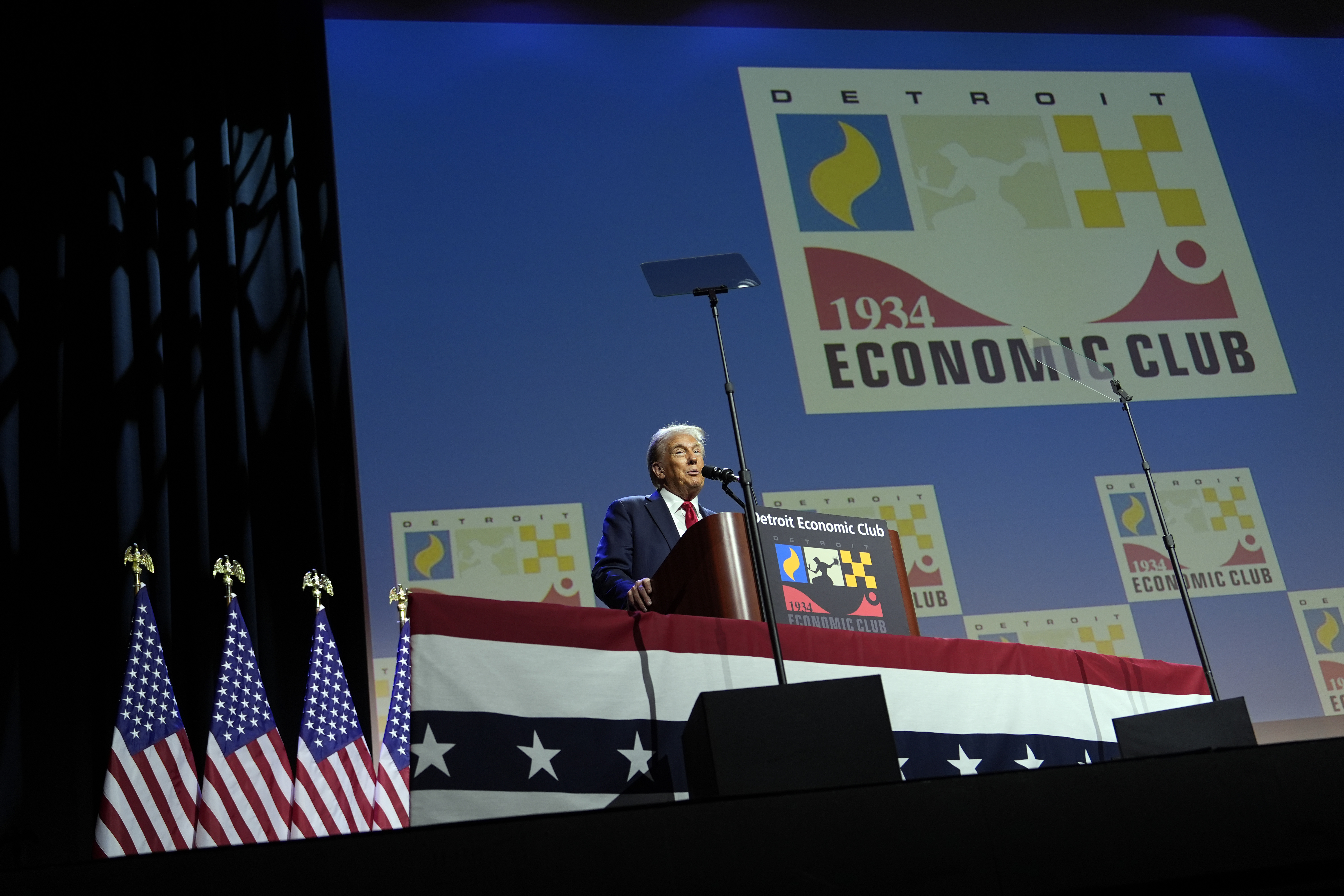 Republican presidential nominee former President Donald Trump speaks at a meeting of the Detroit Economic Club, Thursday, Oct. 10, 2024, in Detroit. (AP Photo/Julia Demaree Nikhinson)