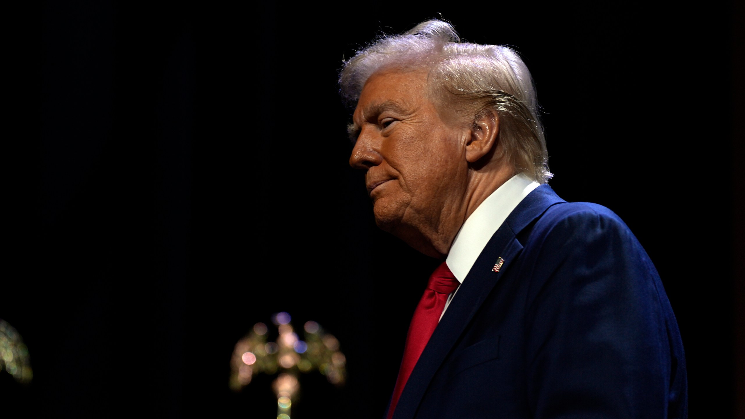 Republican presidential nominee former President Donald Trump arrives to speak at a meeting of the Detroit Economic Club, Thursday, Oct. 10, 2024, in Detroit. (AP Photo/Julia Demaree Nikhinson)