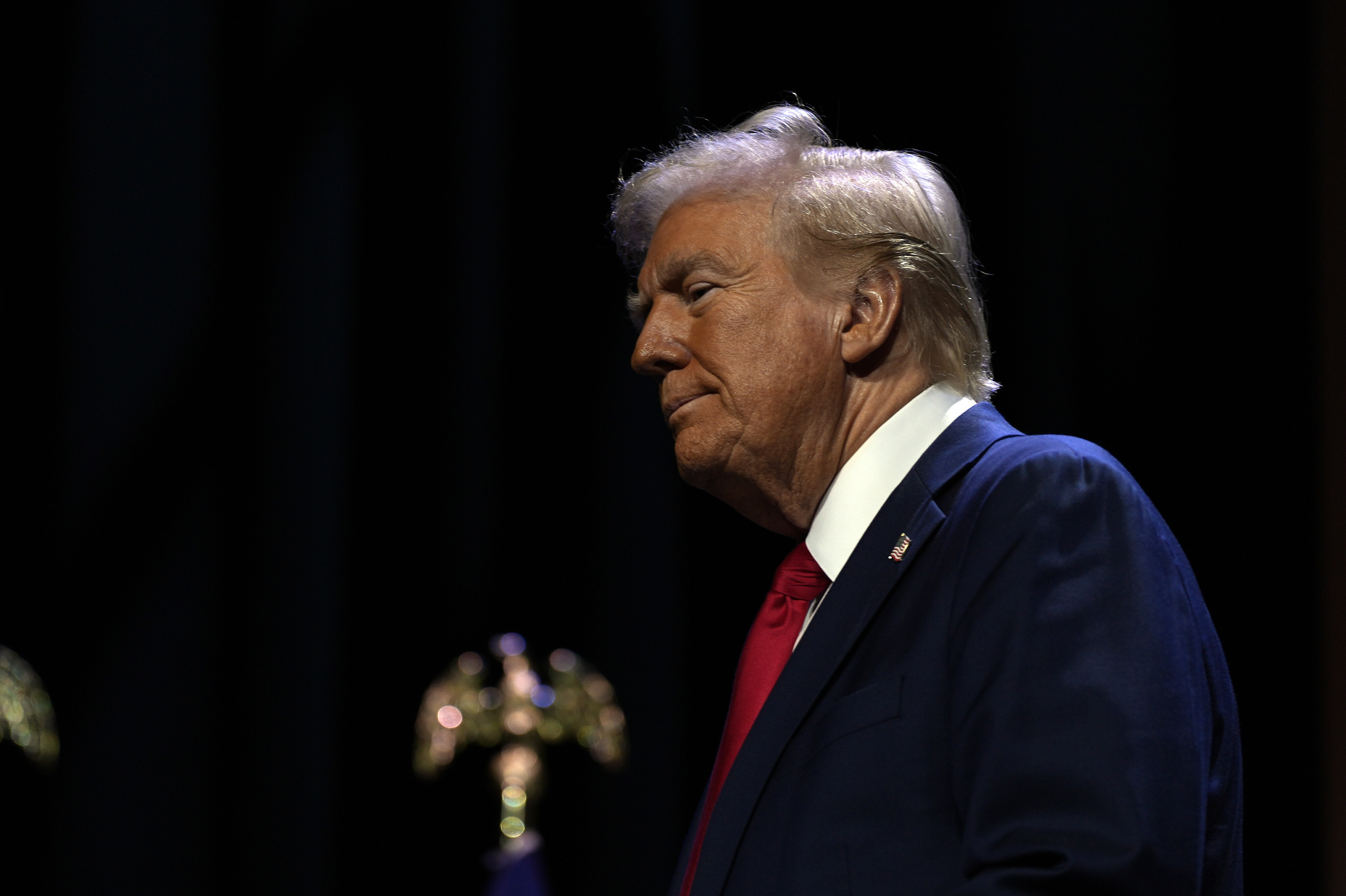 Republican presidential nominee former President Donald Trump arrives to speak at a meeting of the Detroit Economic Club, Thursday, Oct. 10, 2024, in Detroit. (AP Photo/Julia Demaree Nikhinson)