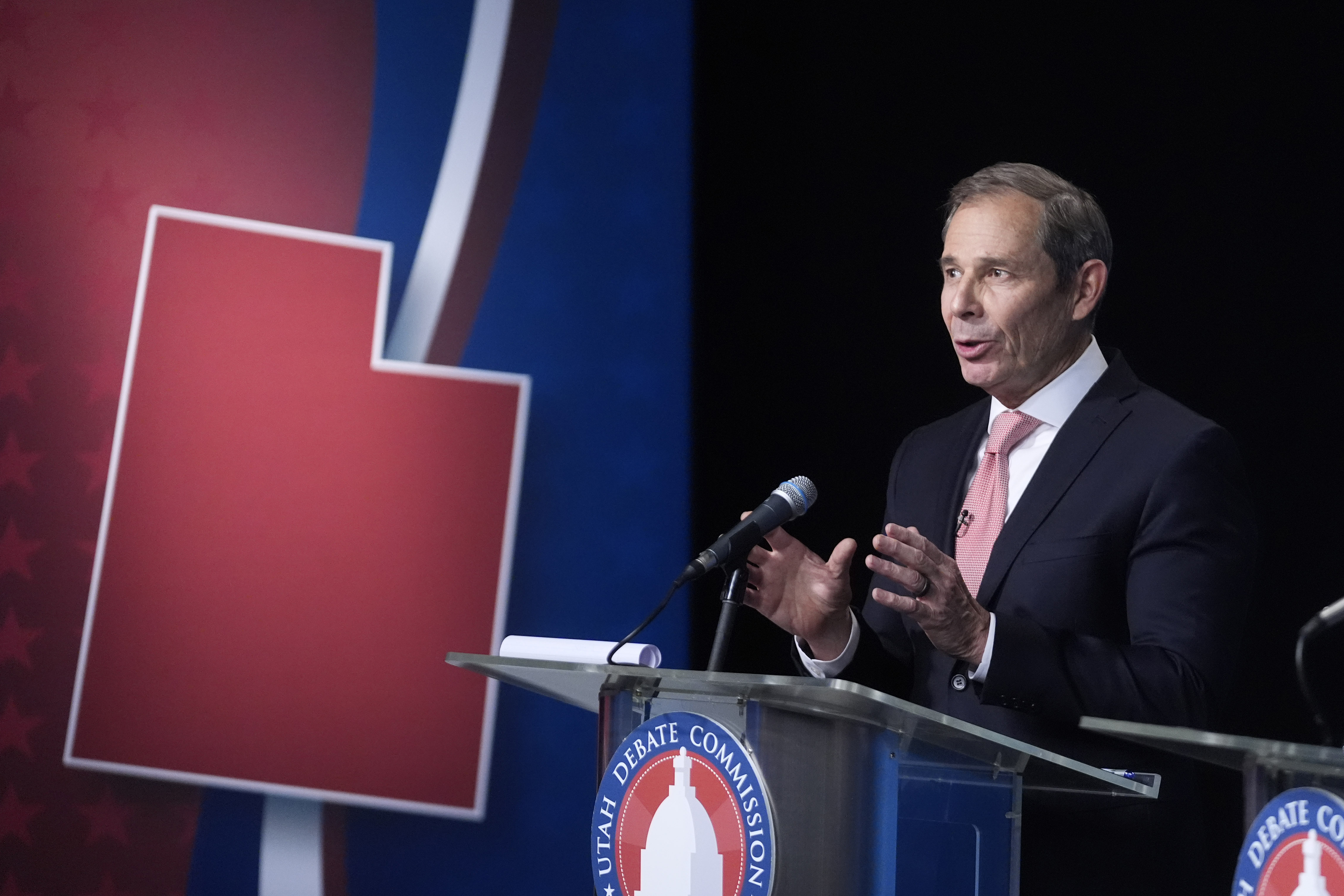 FILE - U.S. Rep. John Curtis speaks during the Utah Senate primary debate for Republican contenders battling to win the seat of retiring U.S. Sen. Mitt Romney, June 10, 2024, in Salt Lake City. (AP Photo/Rick Bowmer, Pool, File)