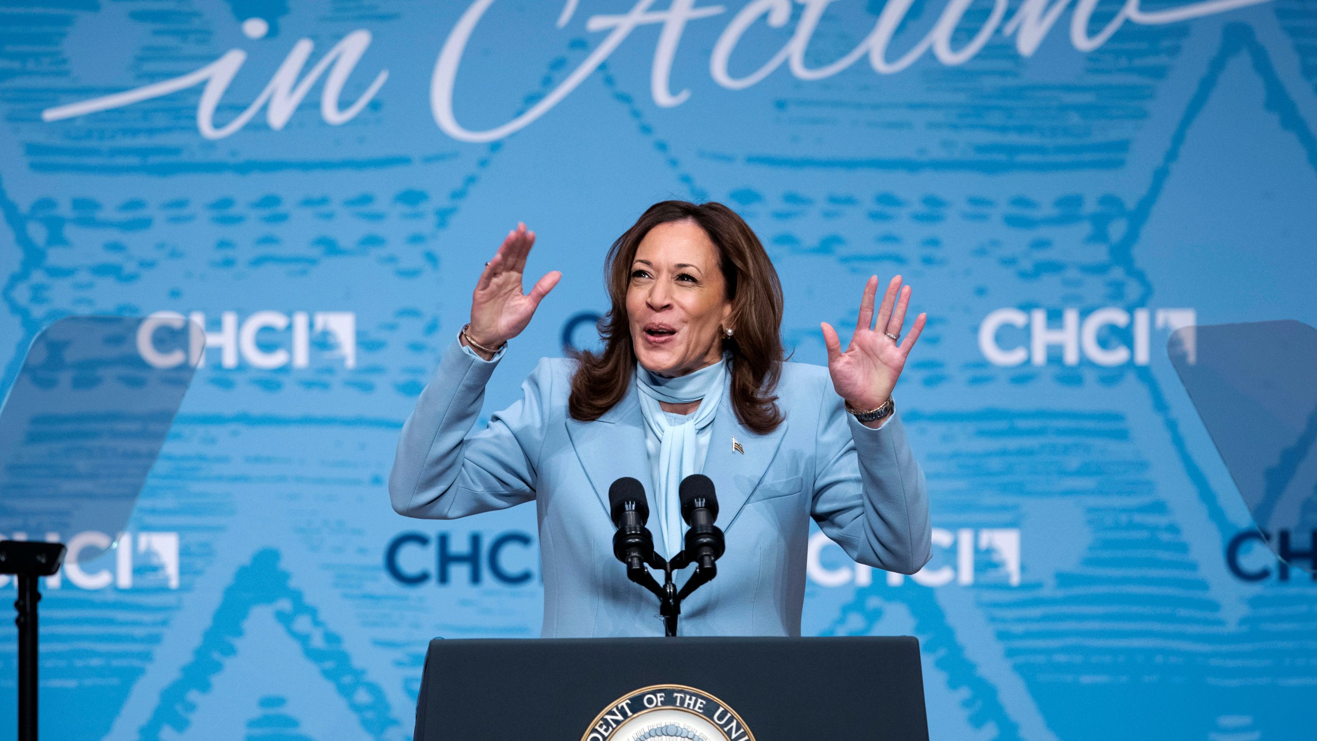 FILE - Democratic presidential nominee Vice President Kamala Harris waves to the crowd as she arrives at the Congressional Hispanic Caucus Institute (CHCI) Leadership Conference, Sept. 18, 2024. (AP Photo/Jose Luis Magana, File)