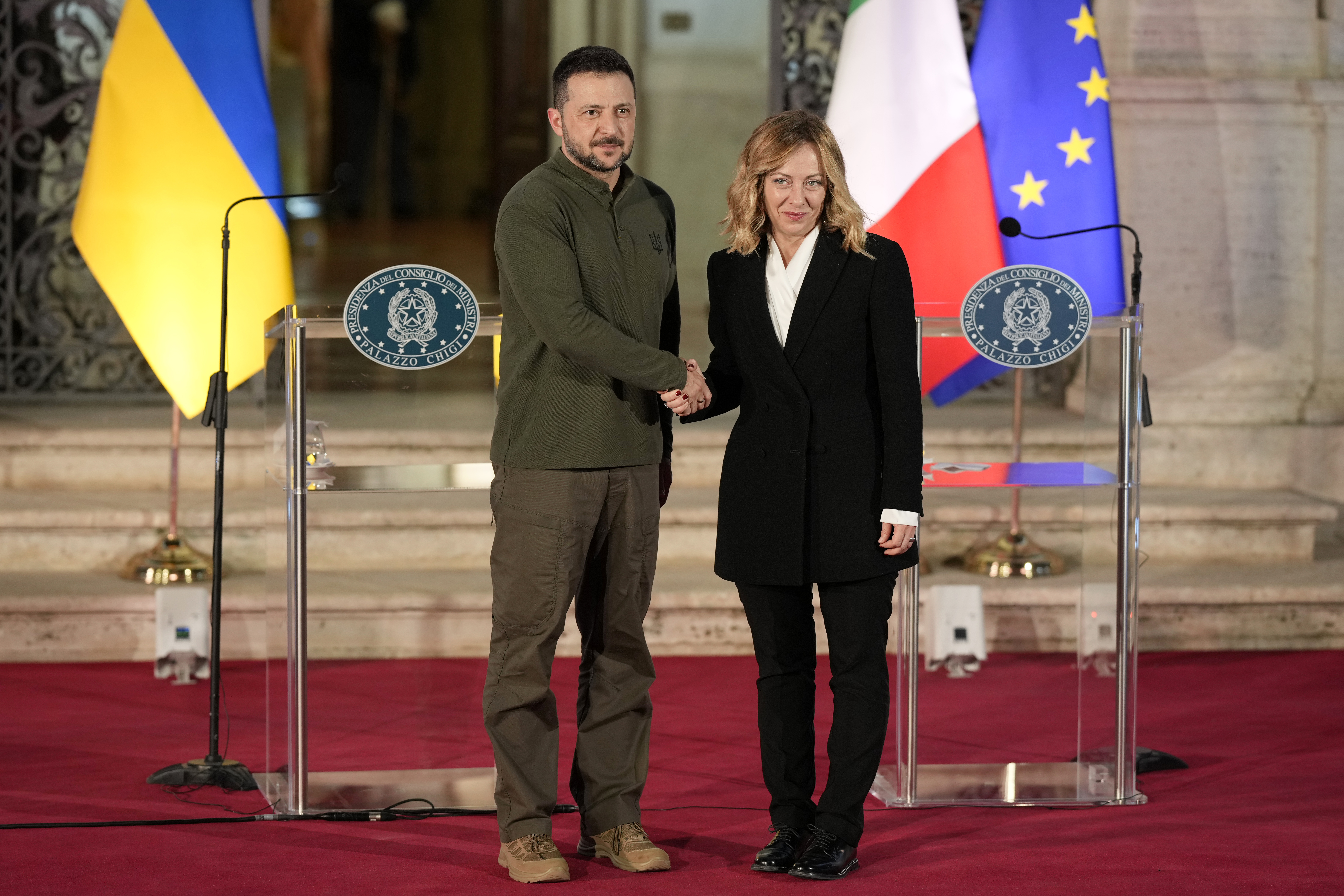 Italian Premier Giorgia Meloni, right, and Ukrainian President Volodymyr Zelenskyy pose for photographers after the press conference, at Villa Pamphilj, in Rome, Thursday, Oct. 10, 2024. (AP Photo/Andrew Medichini)