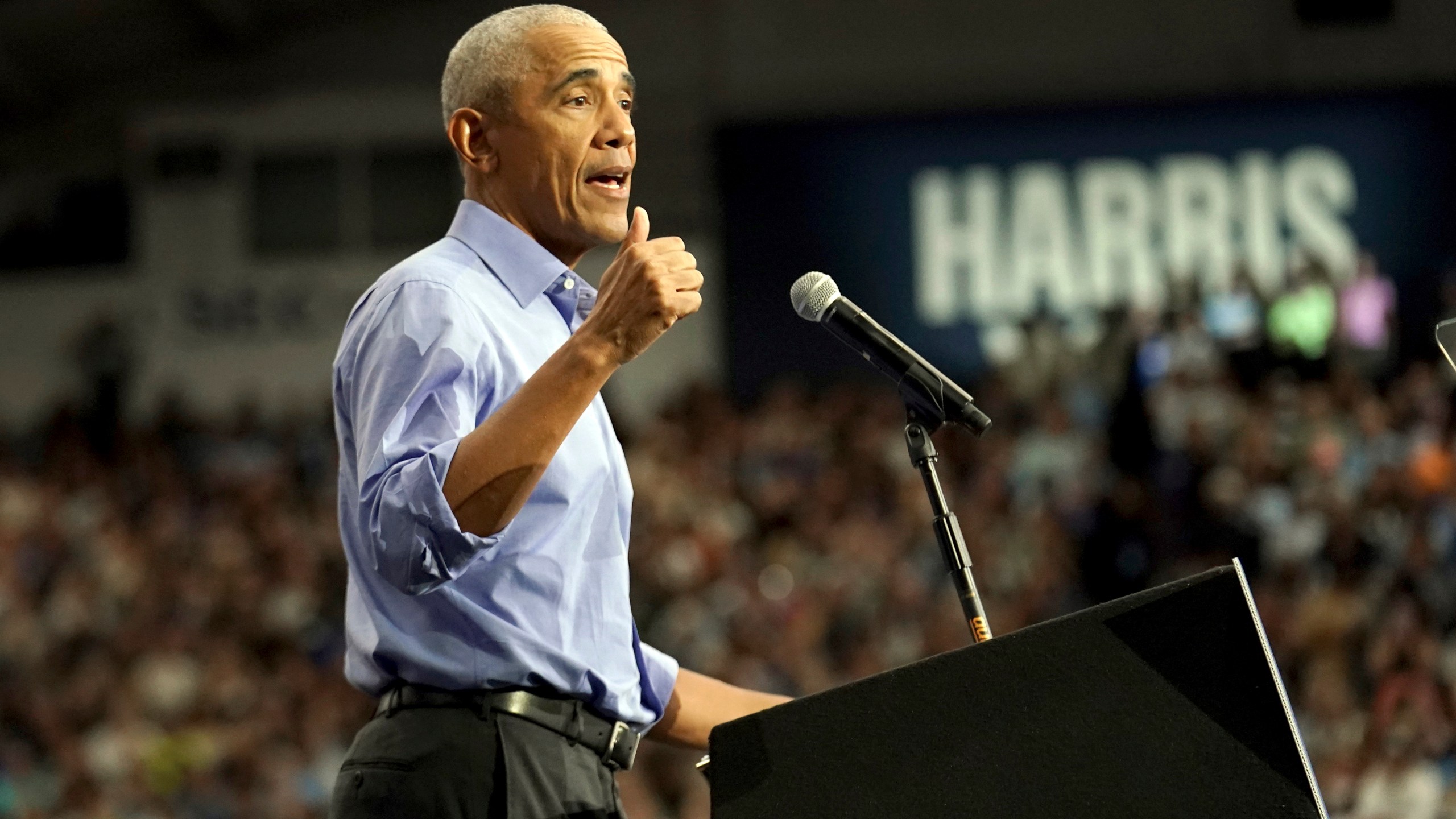 Former President Barack Obama speaks during a campaign rally supporting Democratic presidential nominee Vice President Kamala Harris, Thursday, Oct. 10, 2024, at the University of Pittsburgh's Fitzgerald Field House in Pittsburgh. (AP Photo/Matt Freed)