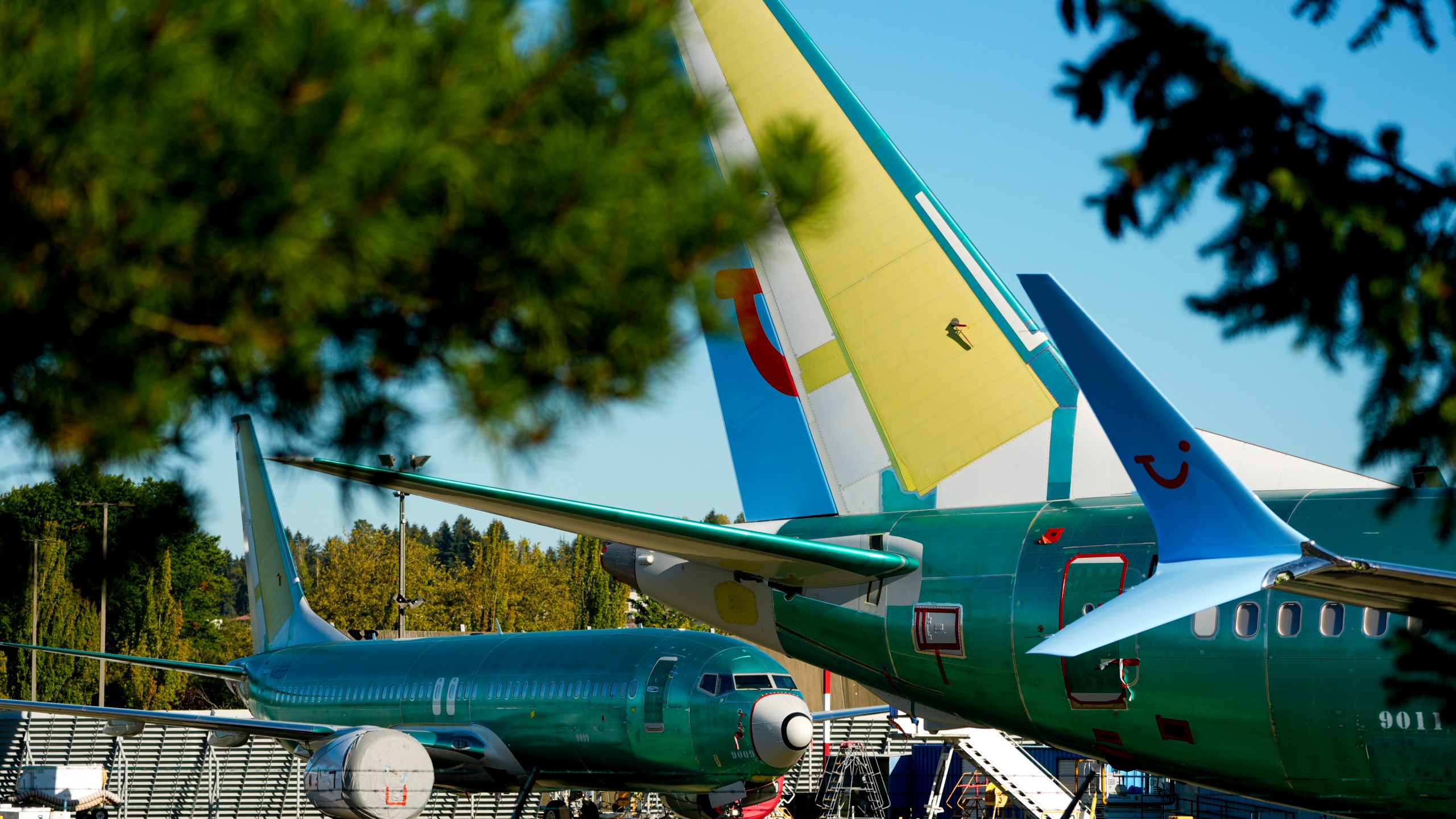 FILE - Unpainted Boeing 737 Max aircraft are seen on Sept. 24, 2024, at the company's facilities in Renton, Wash. (AP Photo/Lindsey Wasson, File)